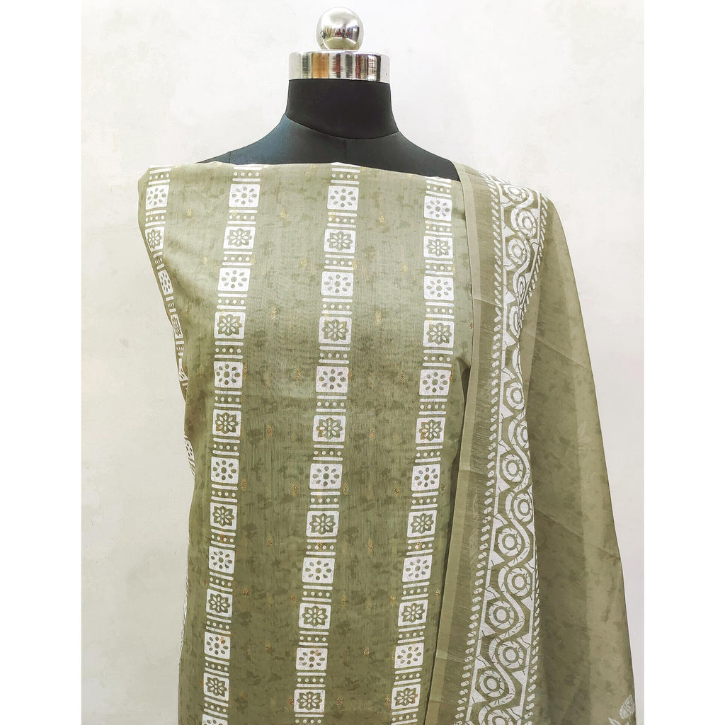 Green Floral Printed Chanderi Dress Material