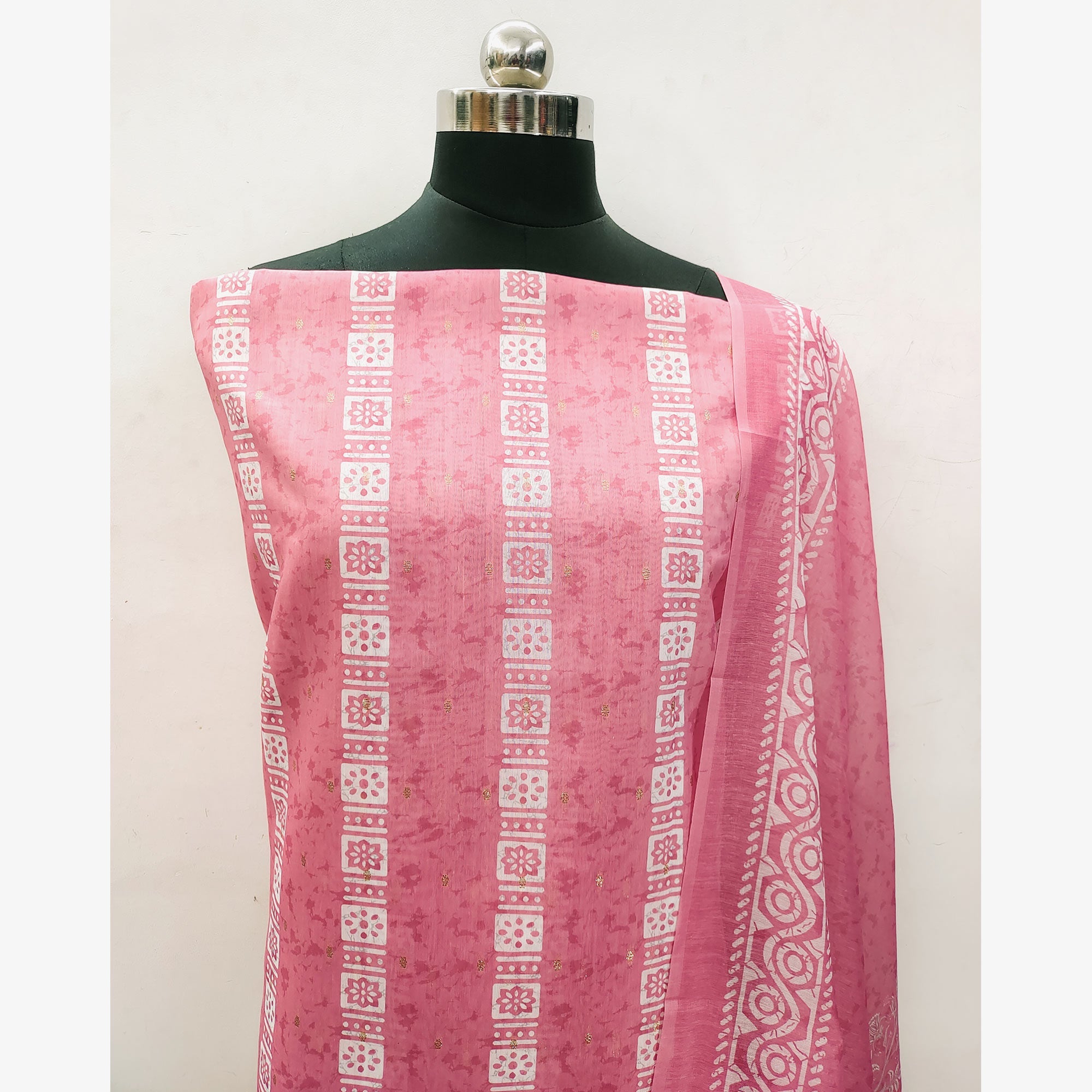 Pink Floral Printed Chanderi Dress Material