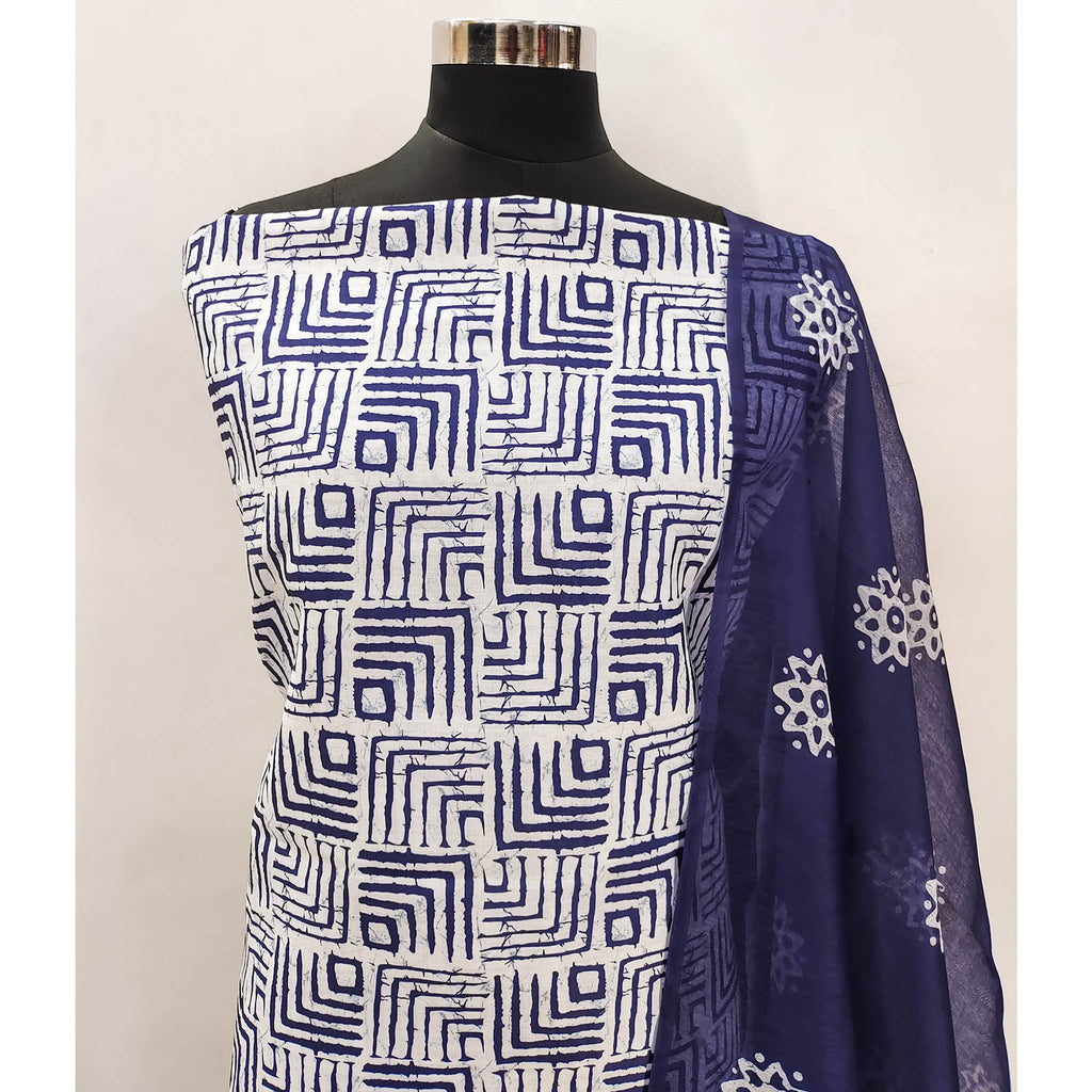 Blue Geometric Printed Pure Cotton Dress Material