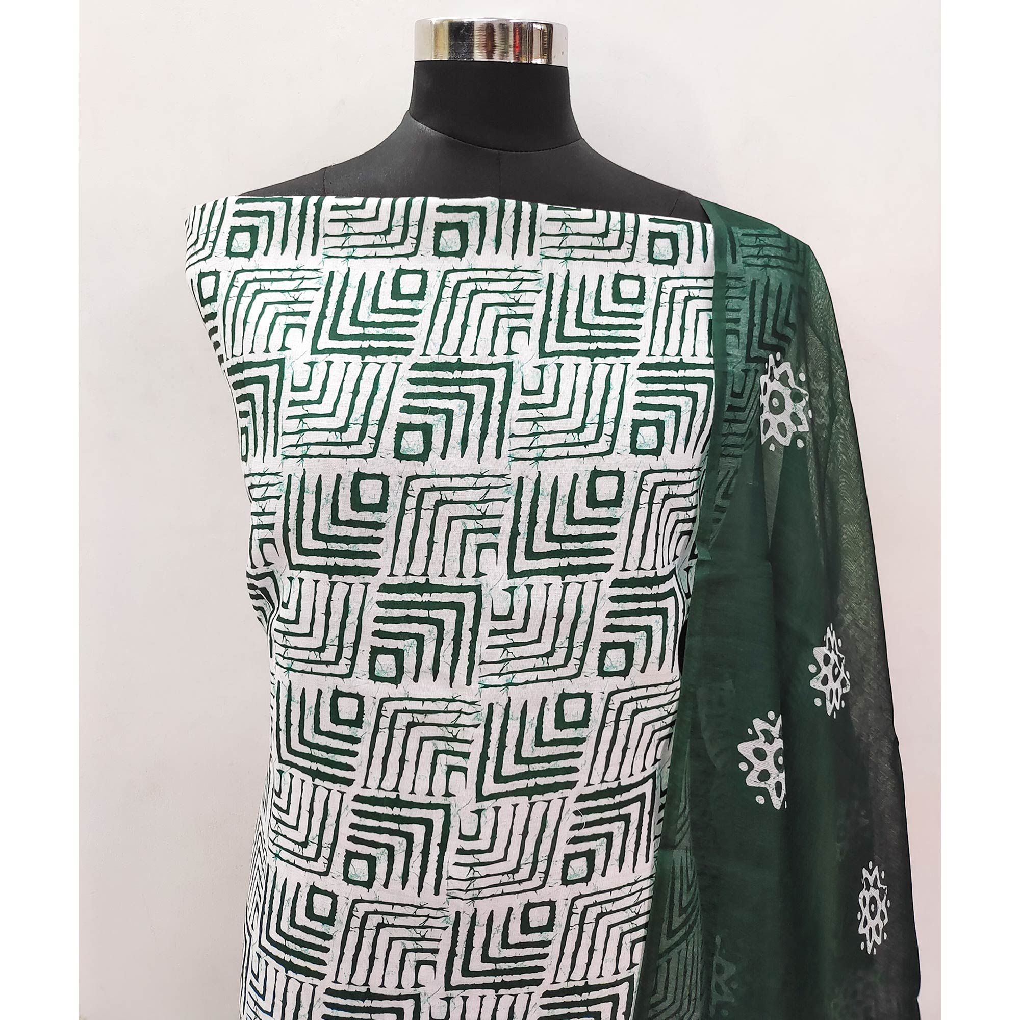 Green Geometric Printed Pure Cotton Dress Material