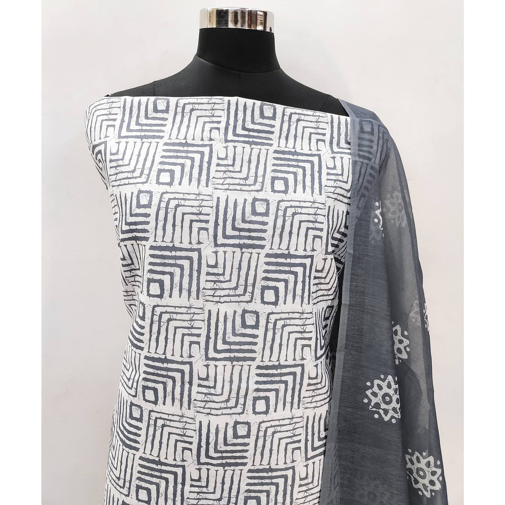 Grey Geometric Printed Pure Cotton Dress Material