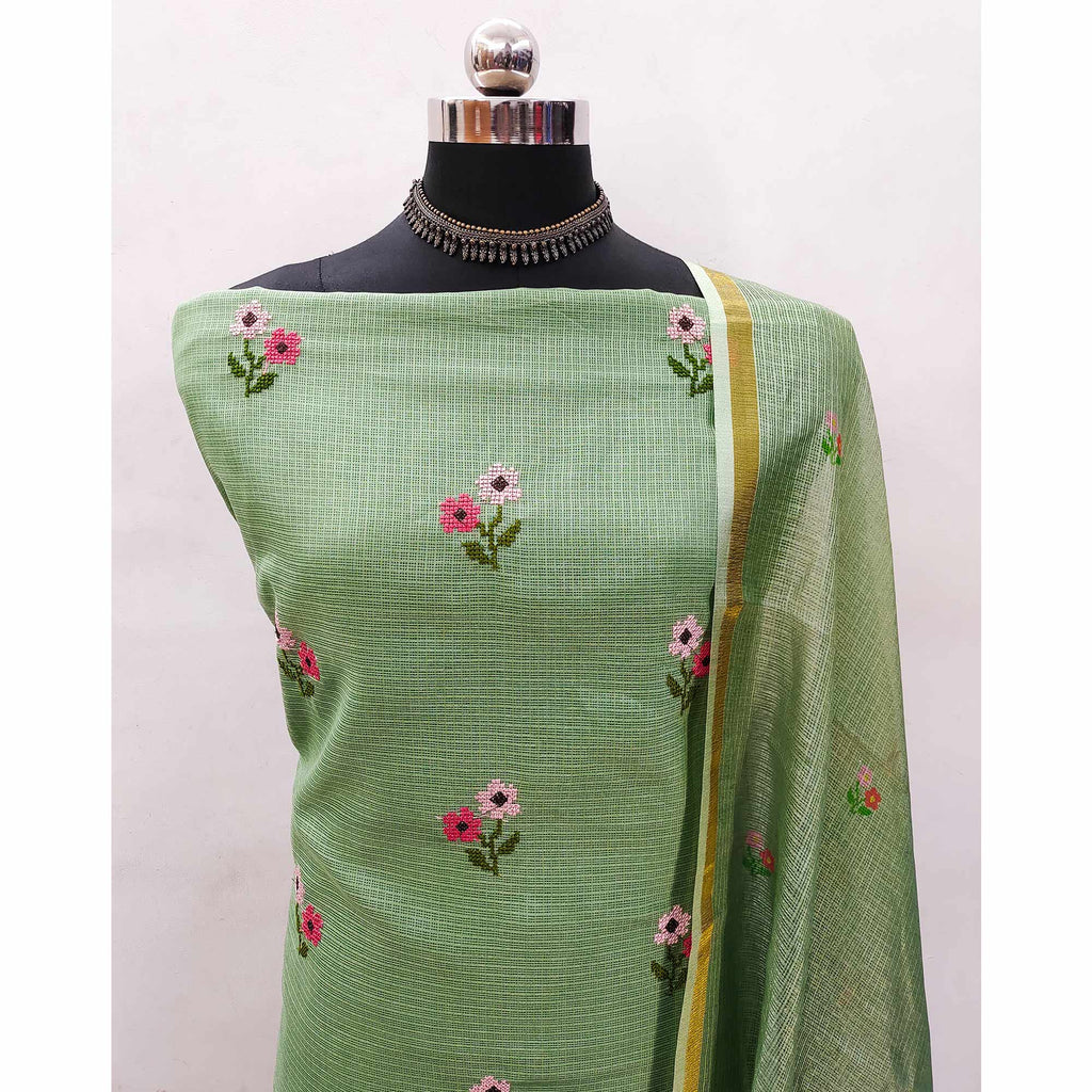 Green Floral Embroidered Kota Doria Dress Material