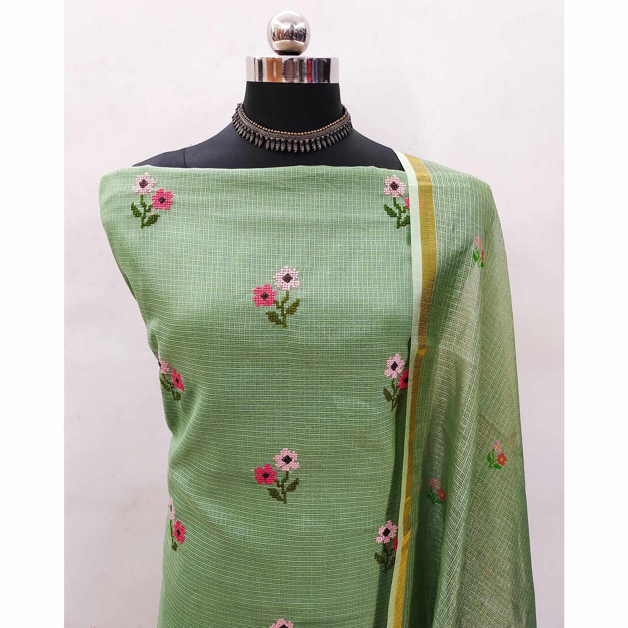 Green Floral Embroidered Kota Doria Dress Material