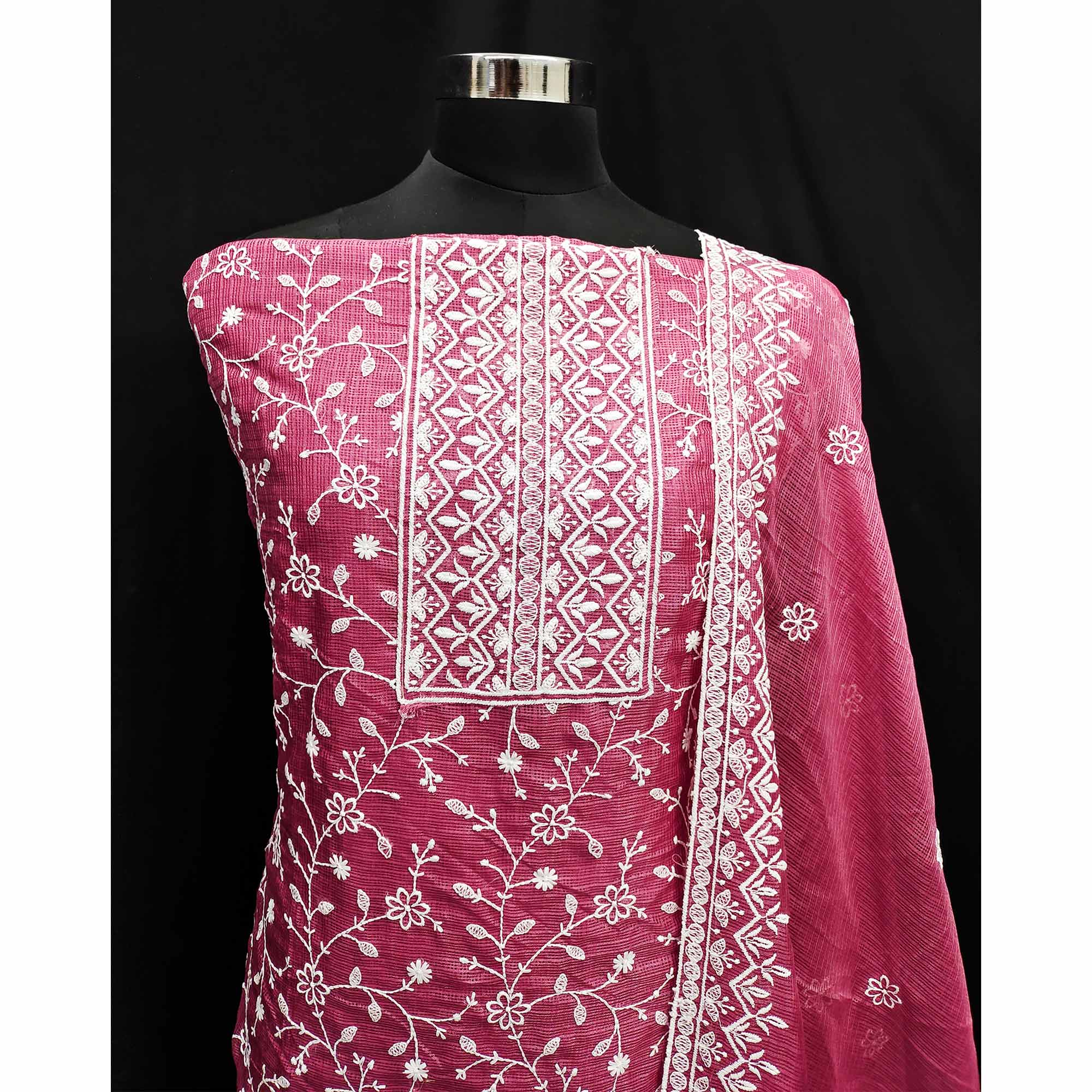 Pink Floral Embroidered Kota Doria Dress Material