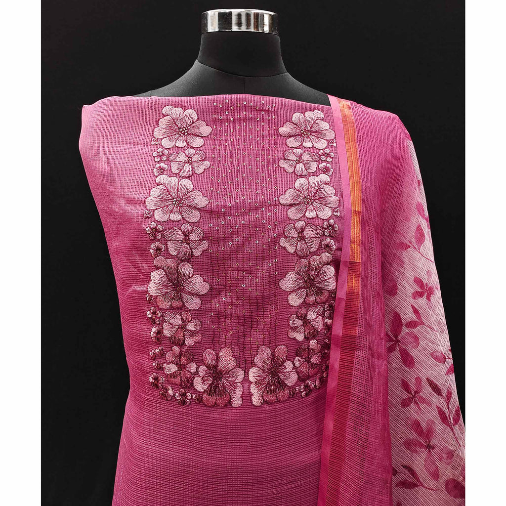 Pink Floral Embroidered Kota Doria Dress Material