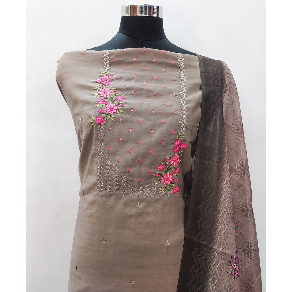 Brown Floral Embroidered Cotton Blend Dress Material