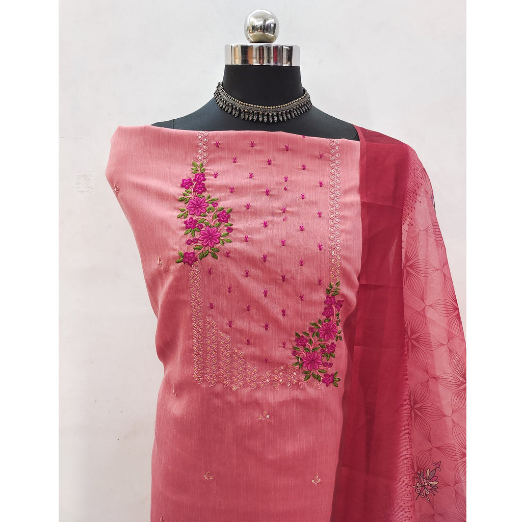 Dark Peach Floral Embroidered Cotton Blend Dress Material