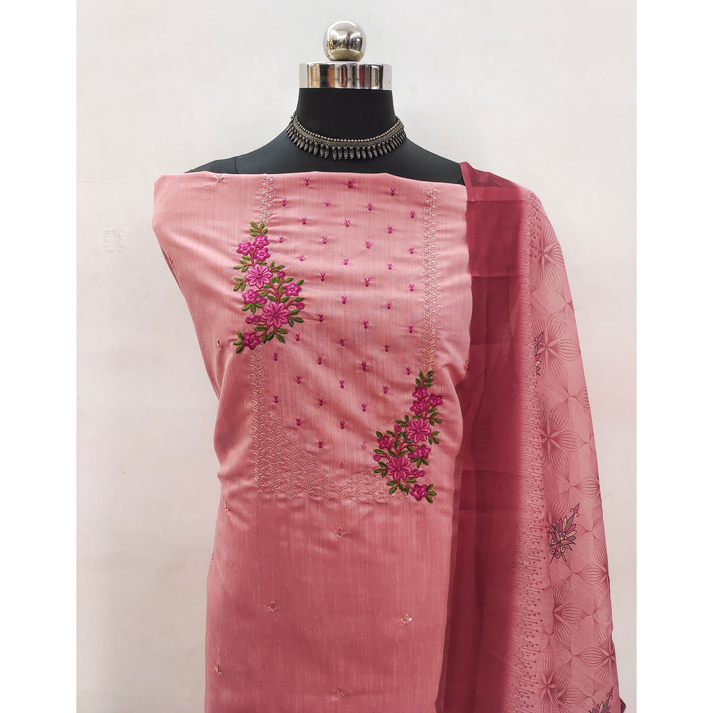 Light Peach Floral Embroidered Cotton Blend Dress Material