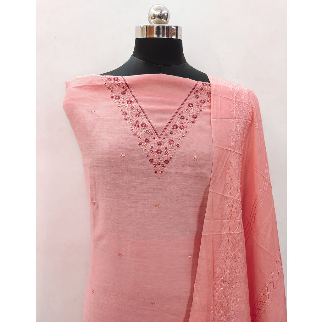 Peach Embroidered Cotton Blend Dress Material