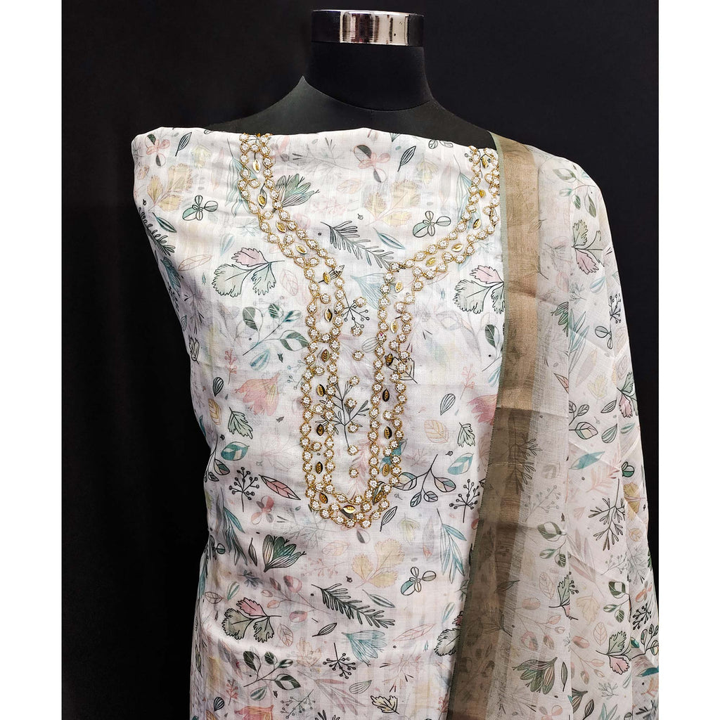 Off White Floral Printed Linen Dress Material