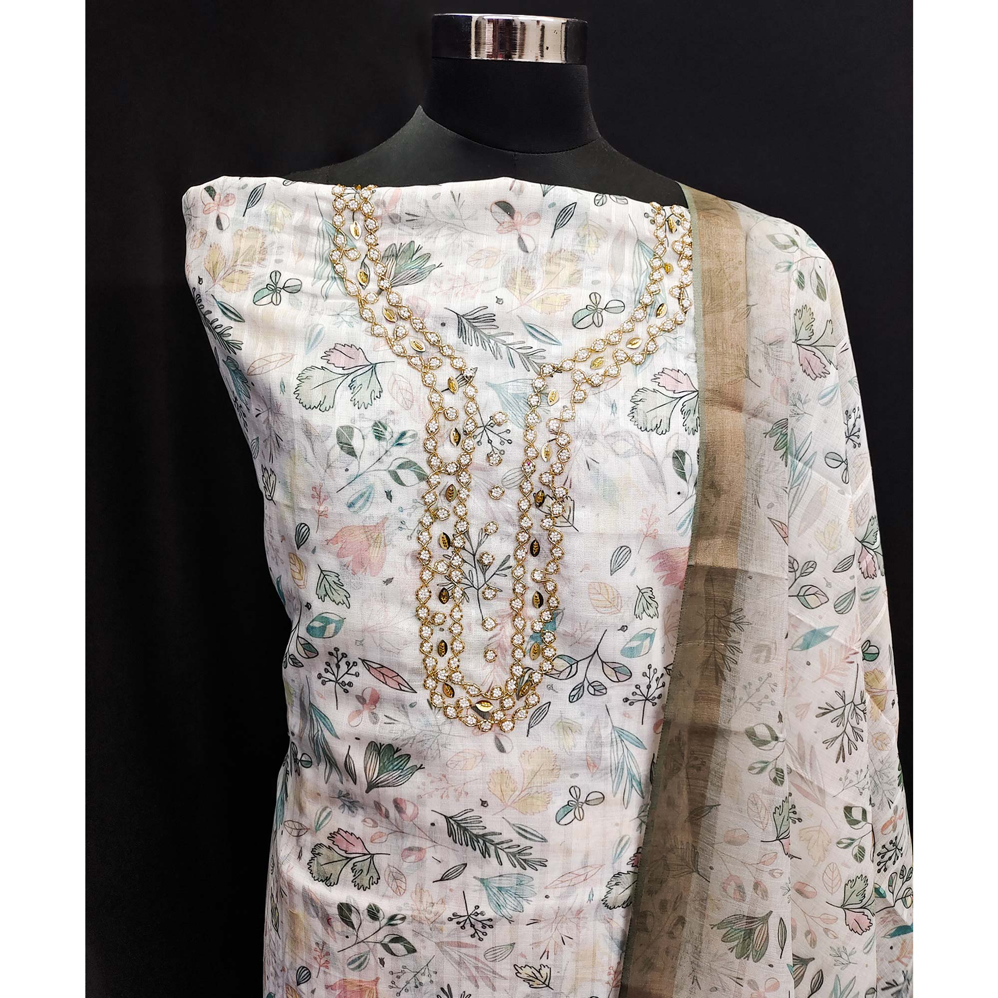 Off White Floral Printed Linen Dress Material