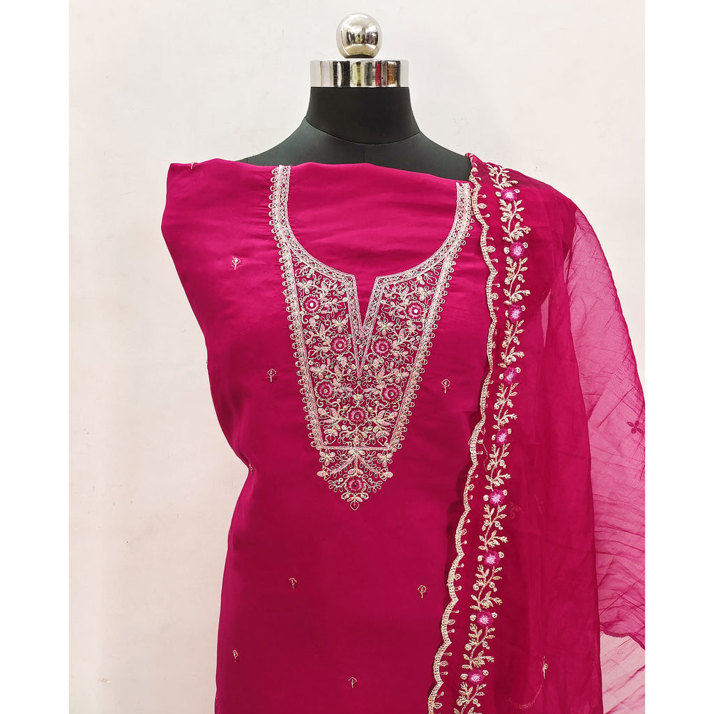Pink Floral Embroidered Viscose Dress Material