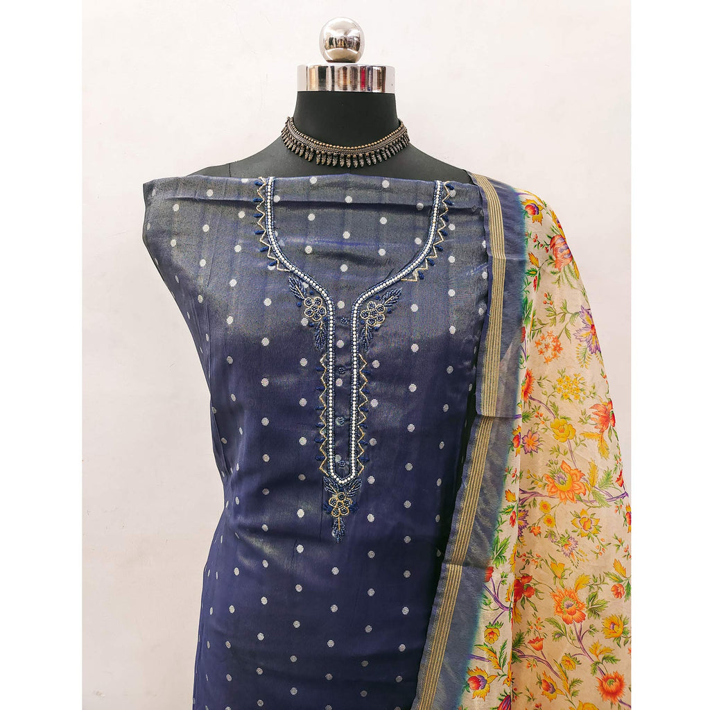 Blue Zari Work Woven Net Dress Material