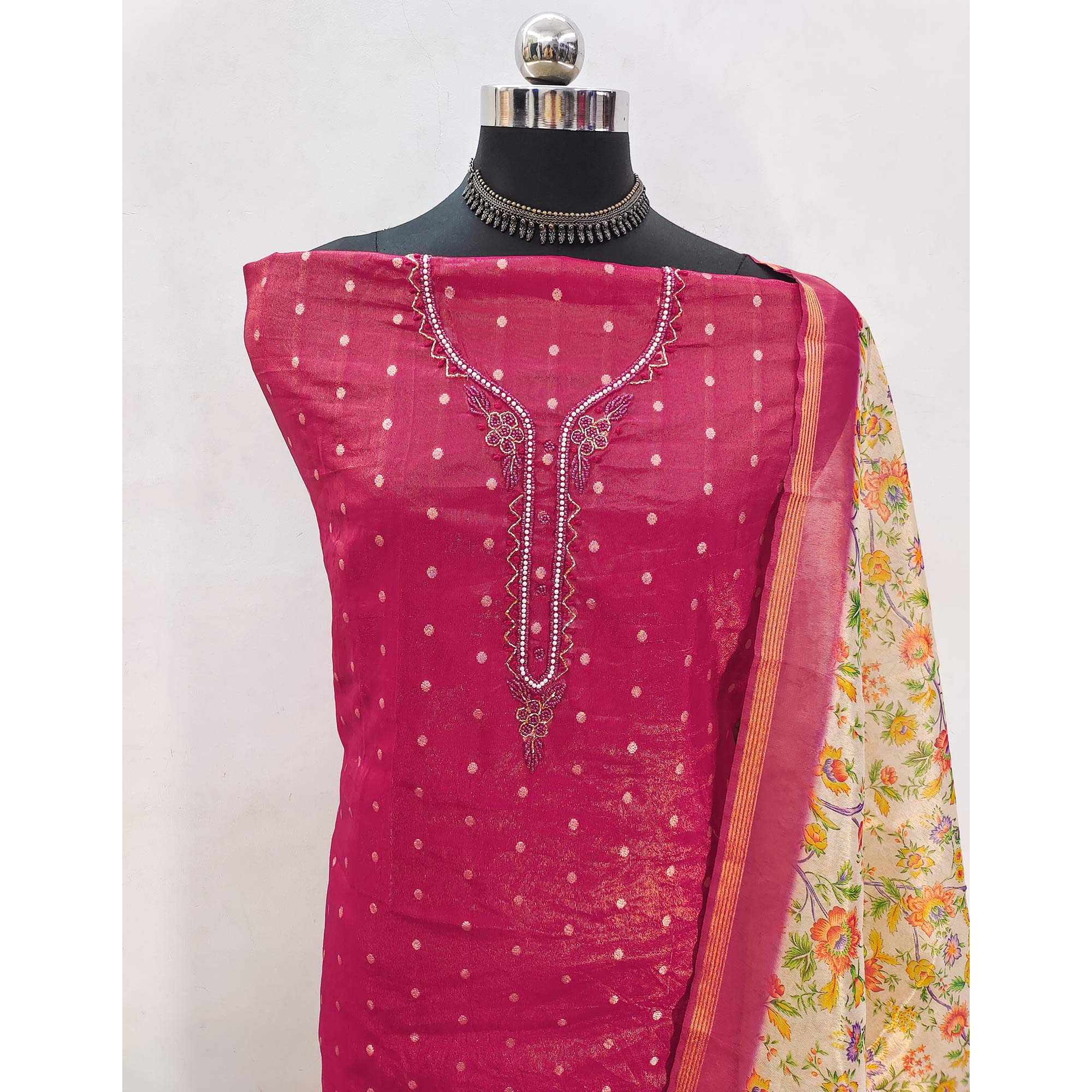 Pink Zari Work Woven Net Dress Material