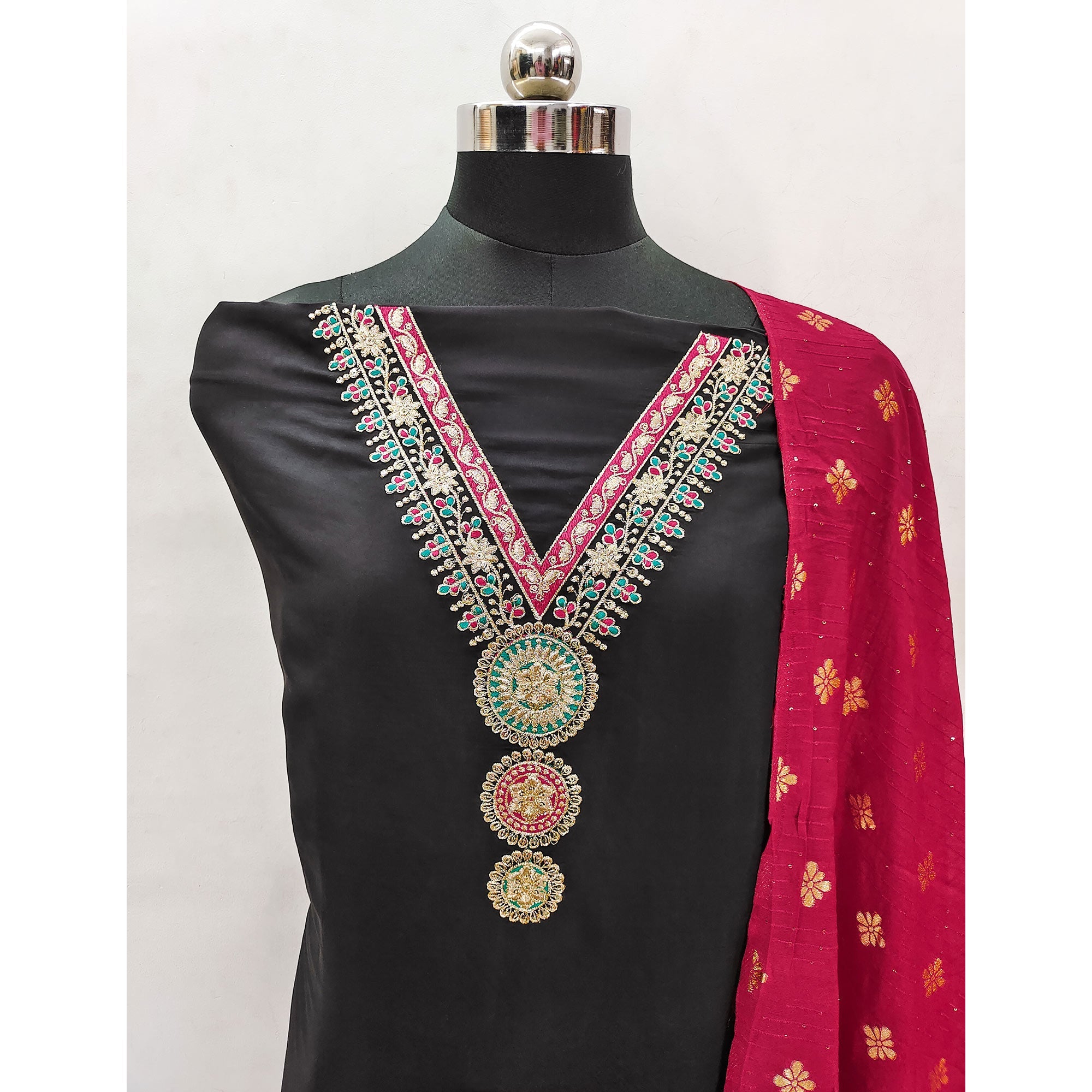 Black Embroidered Viscose Dress Material