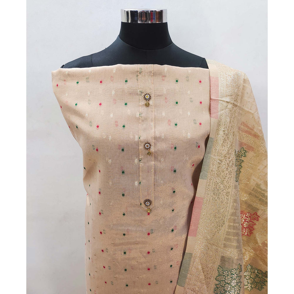 Beige Zari Weaving Banarasi Silk Dress Material