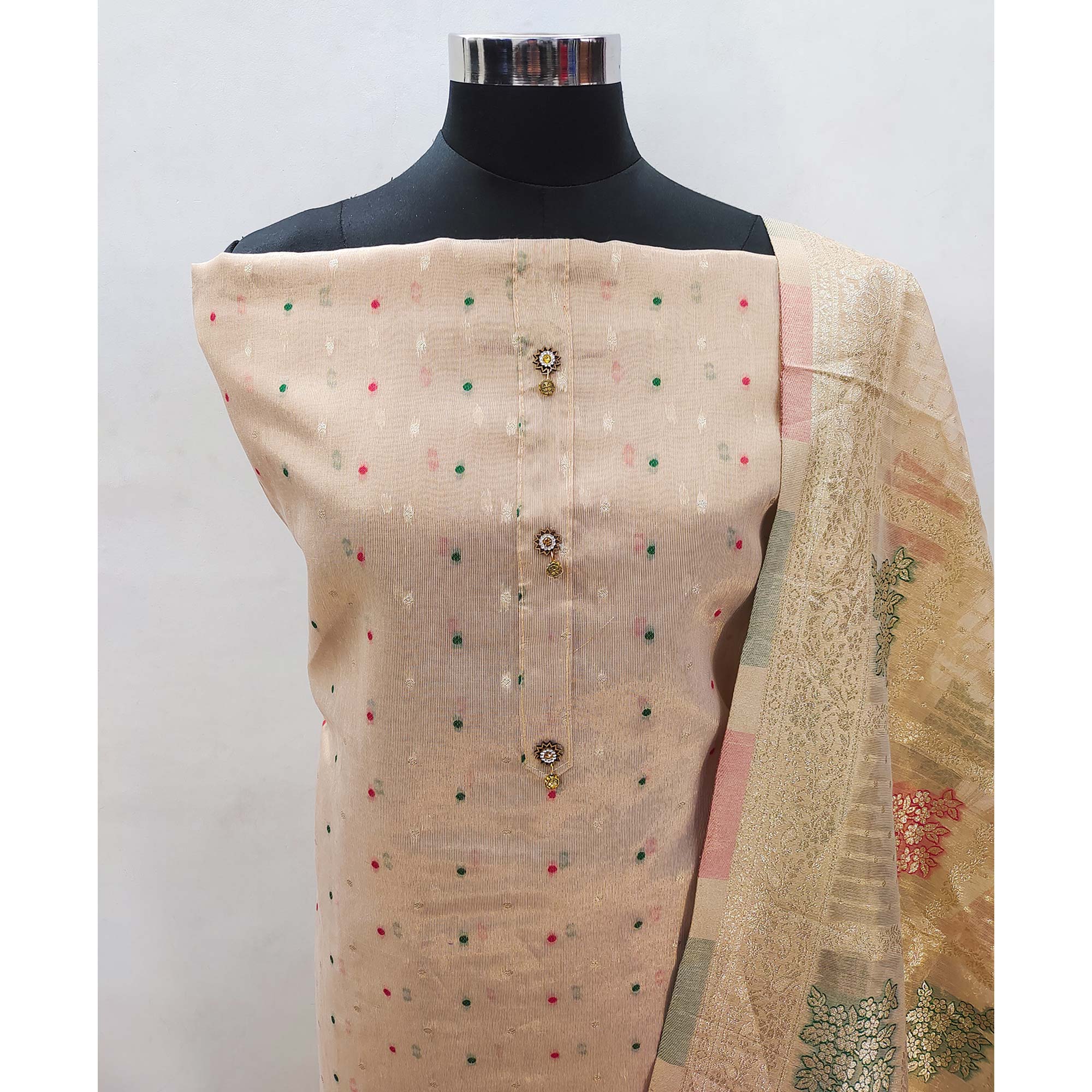 Beige Zari Weaving Banarasi Silk Dress Material