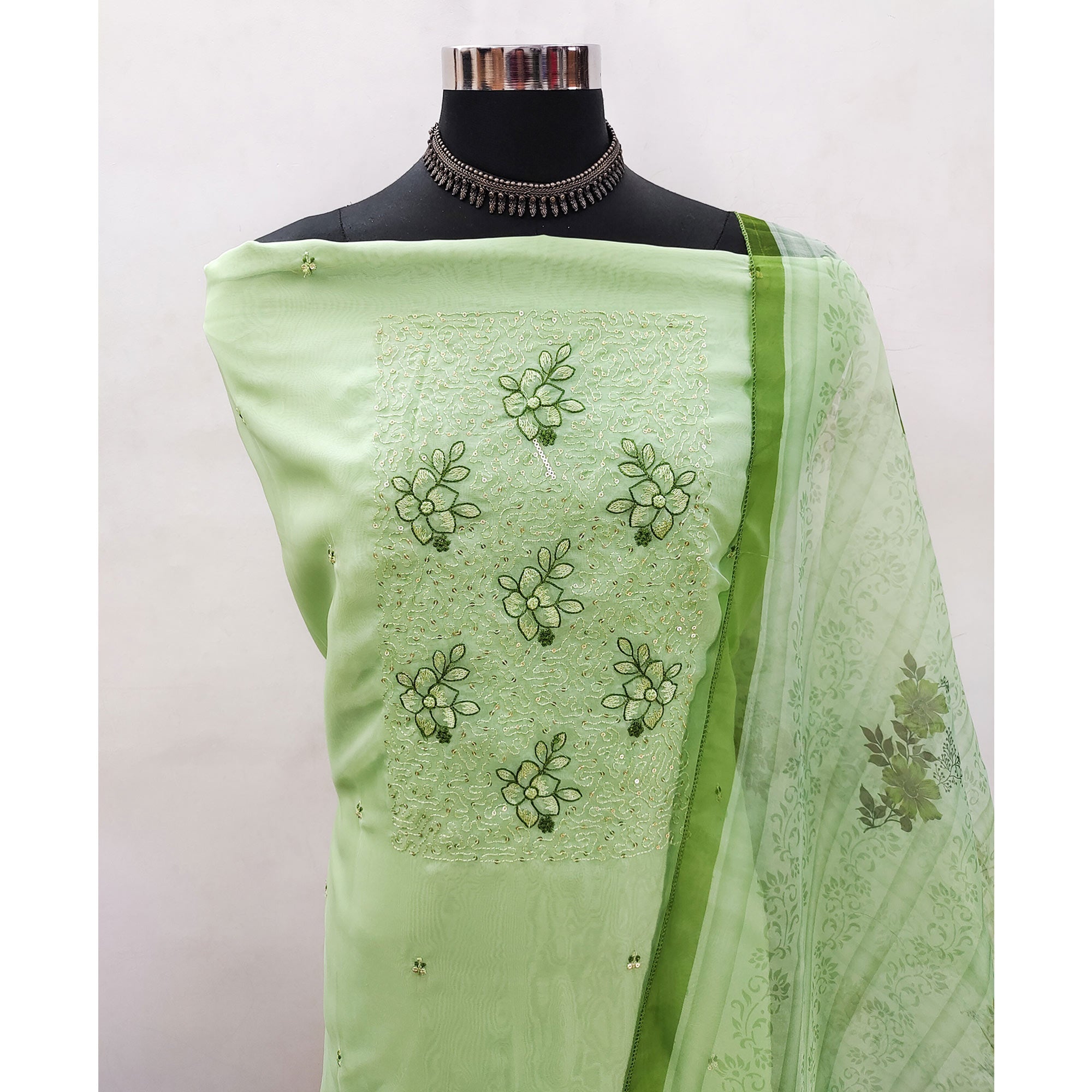 Pista Green Floral Embroidered Organza Dress Material
