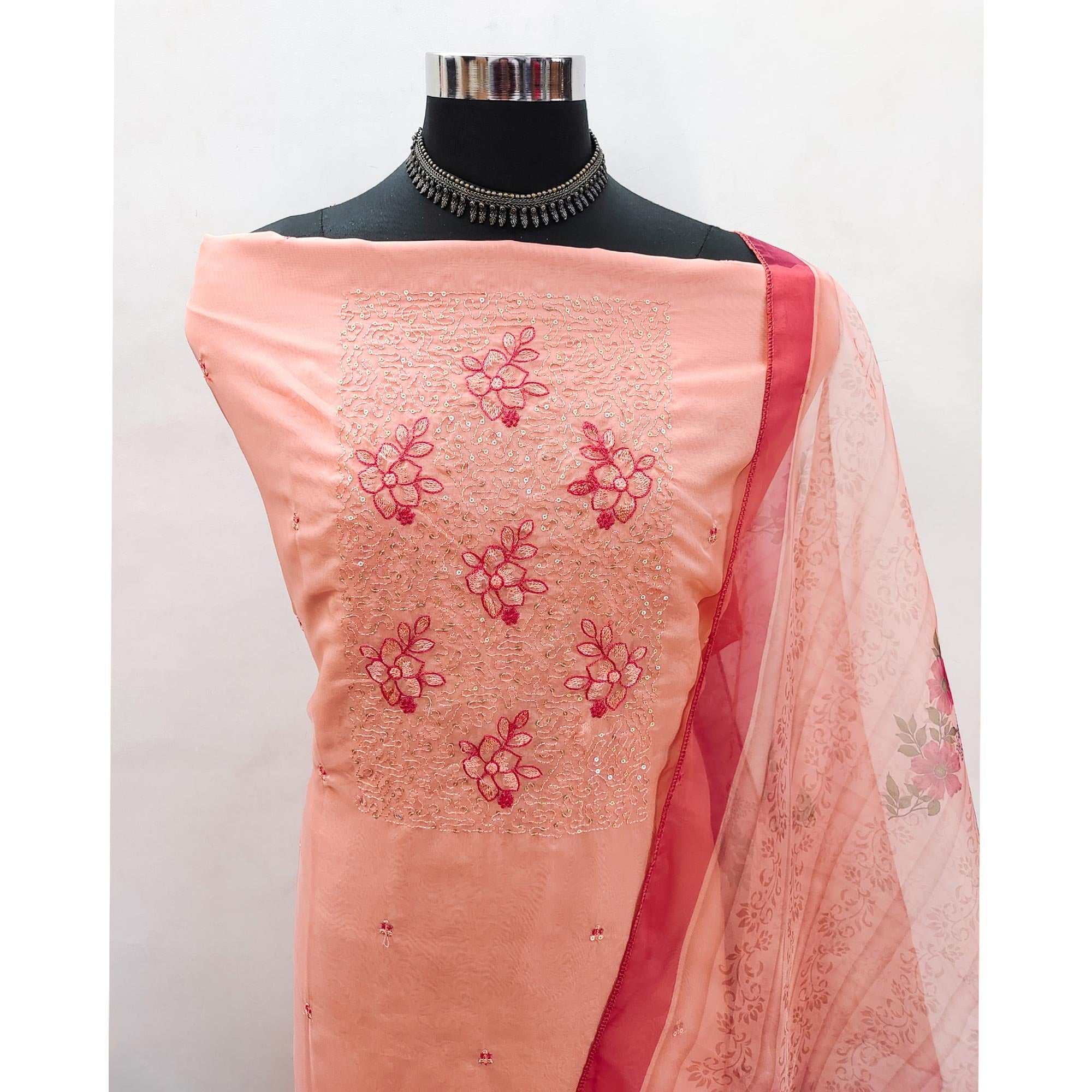 Peach Floral Embroidered Organza Dress Material