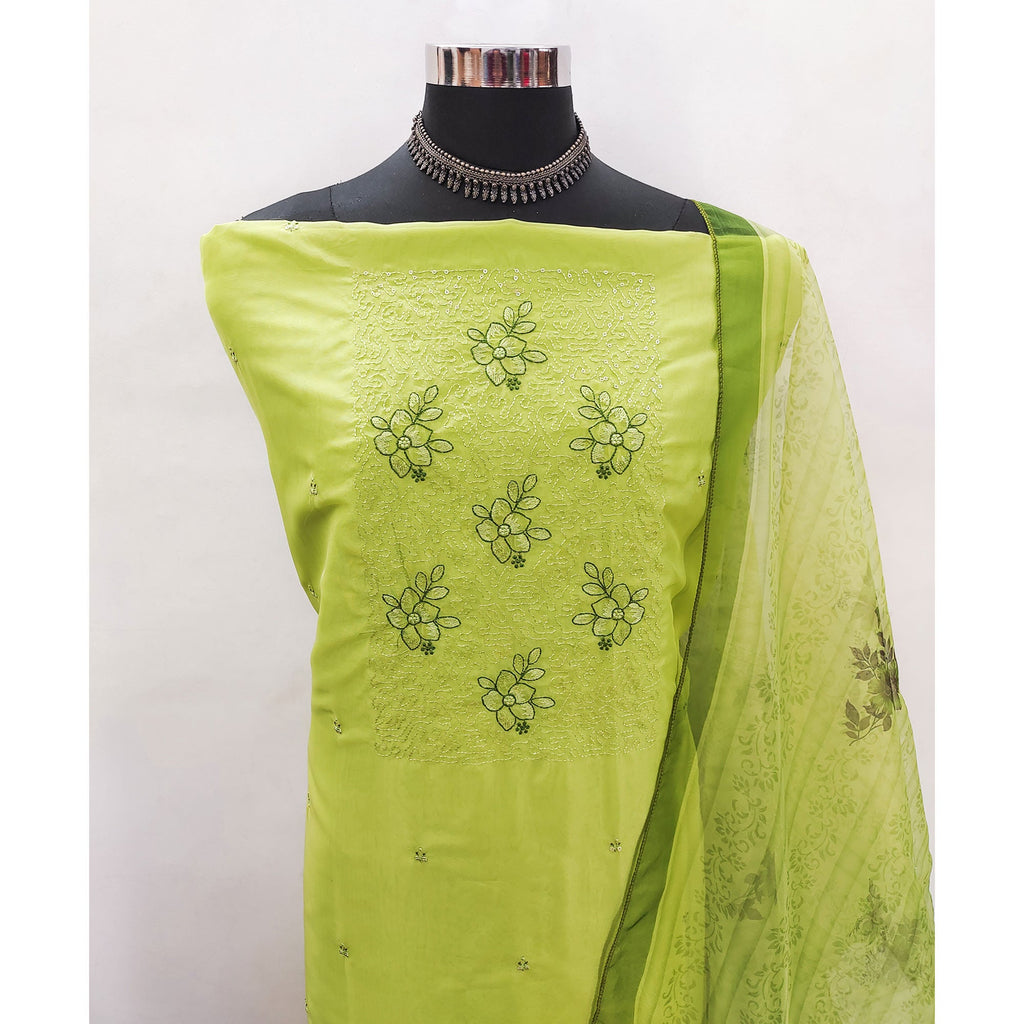 Green Floral Embroidered Organza Dress Material