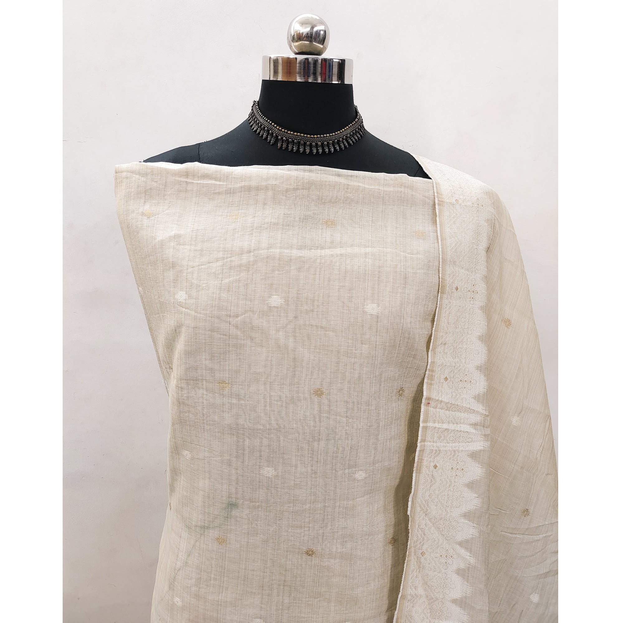 Cream Floral Woven Banarasi Silk Dress Material