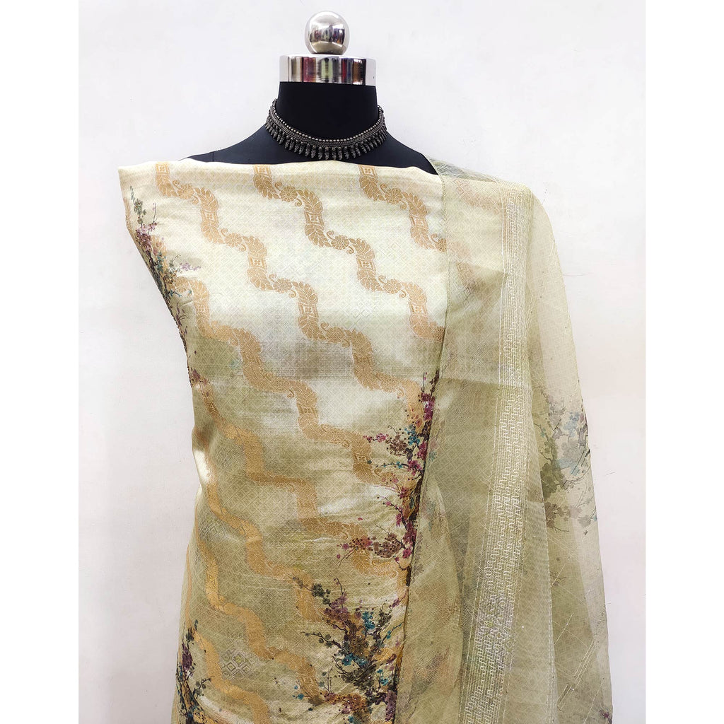 Light Green Woven With Digital Printed Organza Dress Material