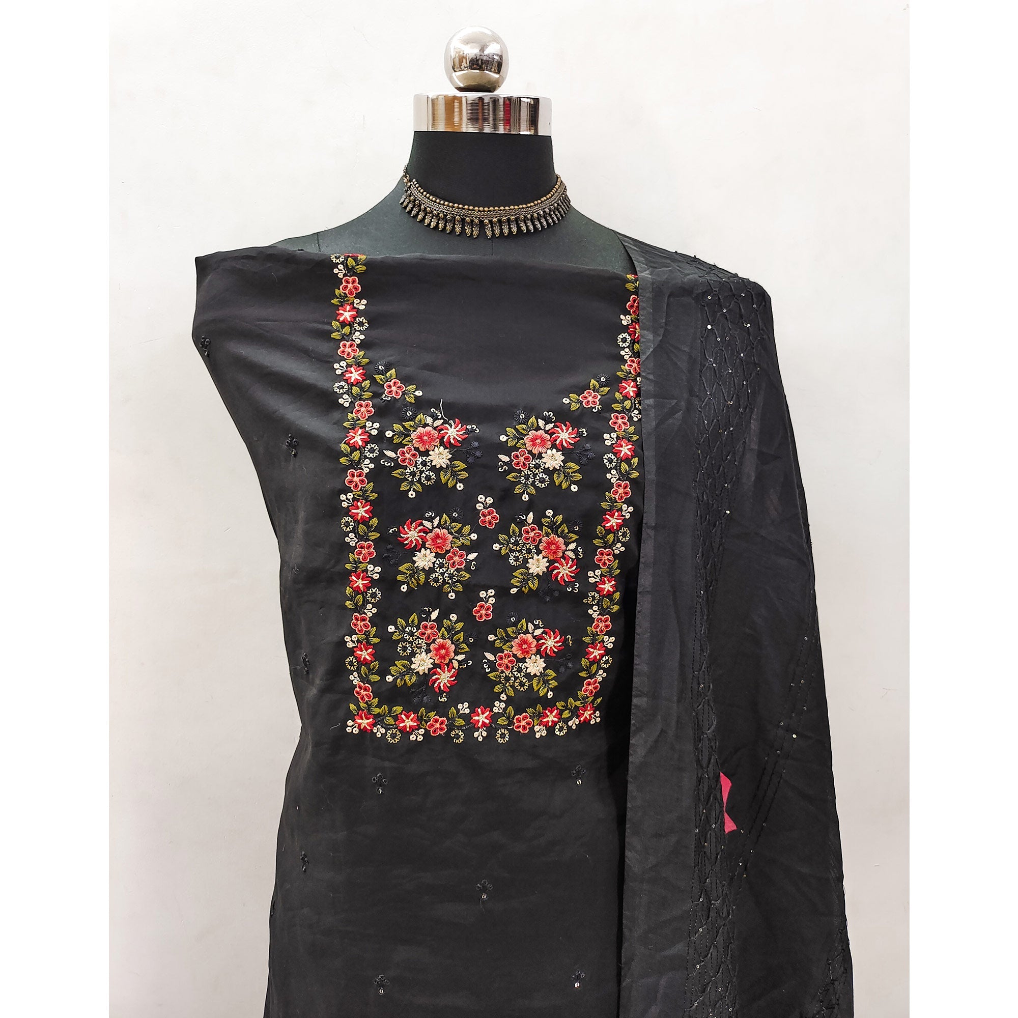 Black Floral Embroidered Viscose Dress Material