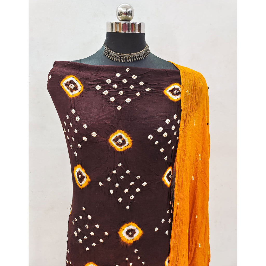 Dark Brown Tie & Dye Printed Rayon Dress Material