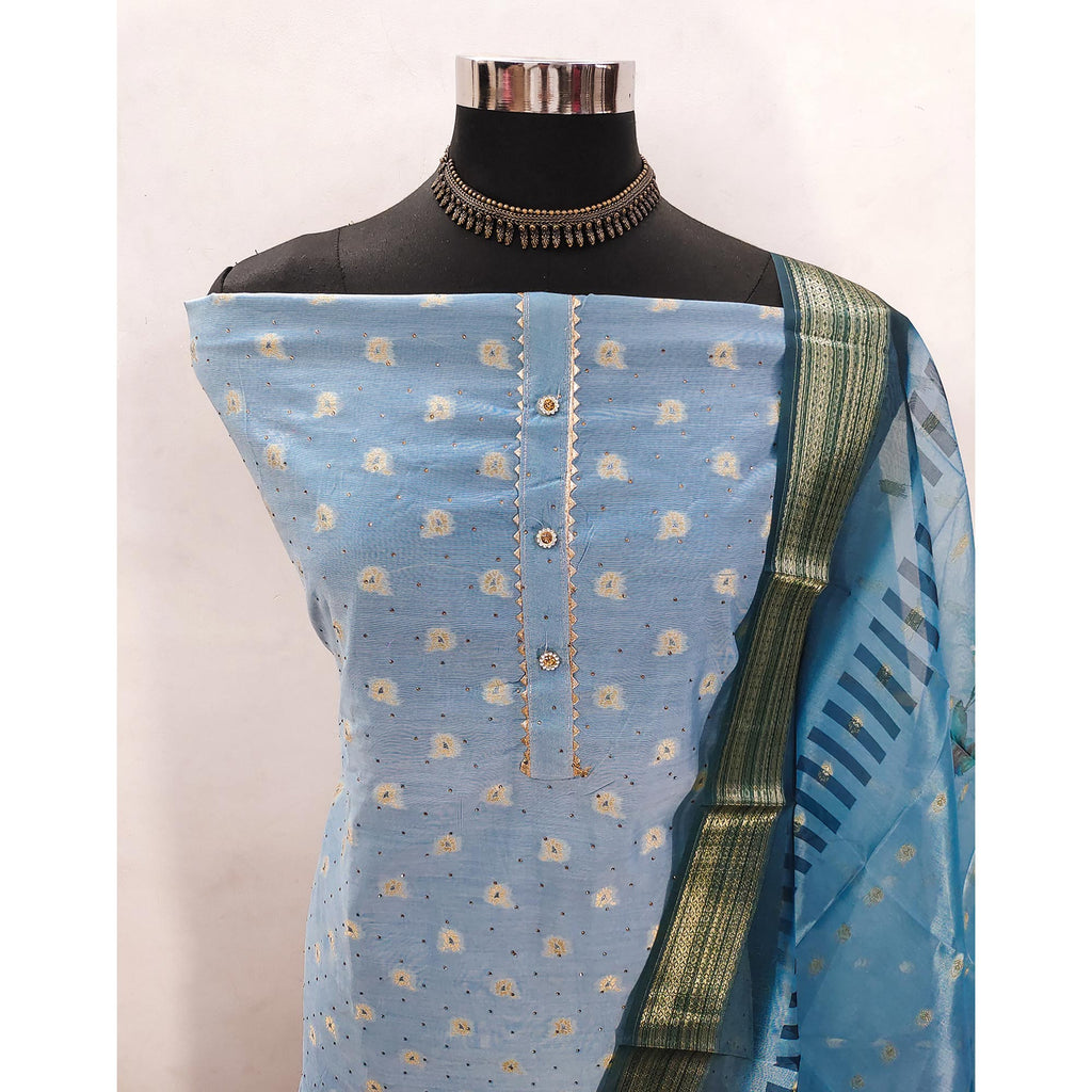 Blue Woven With Swarovski Work Banarasi Silk Dress Material