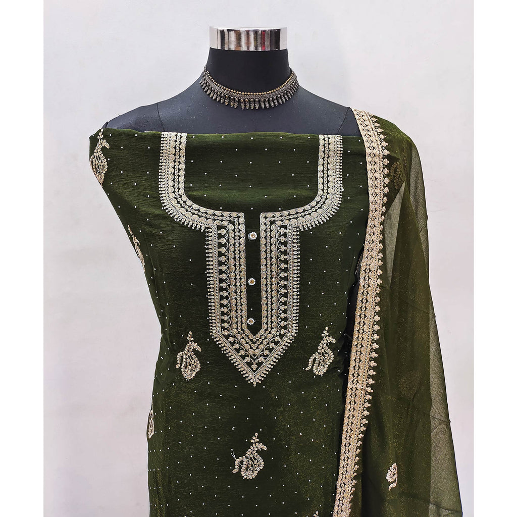 Mehendi Green Floral Embroidery With Swarovski Work Georgette Dress Material