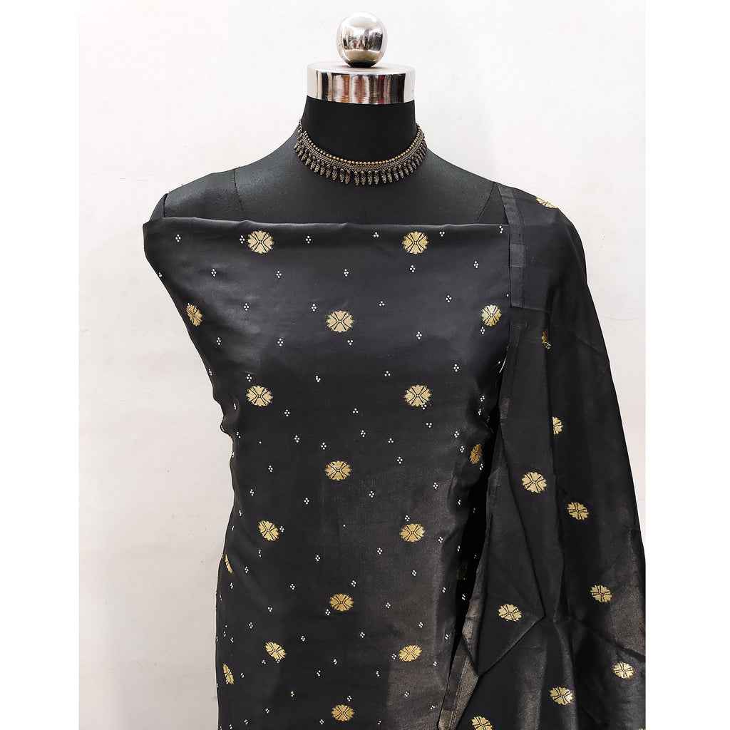 Black Floral Woven With Swarovski Work Banarasi Silk Dress Material
