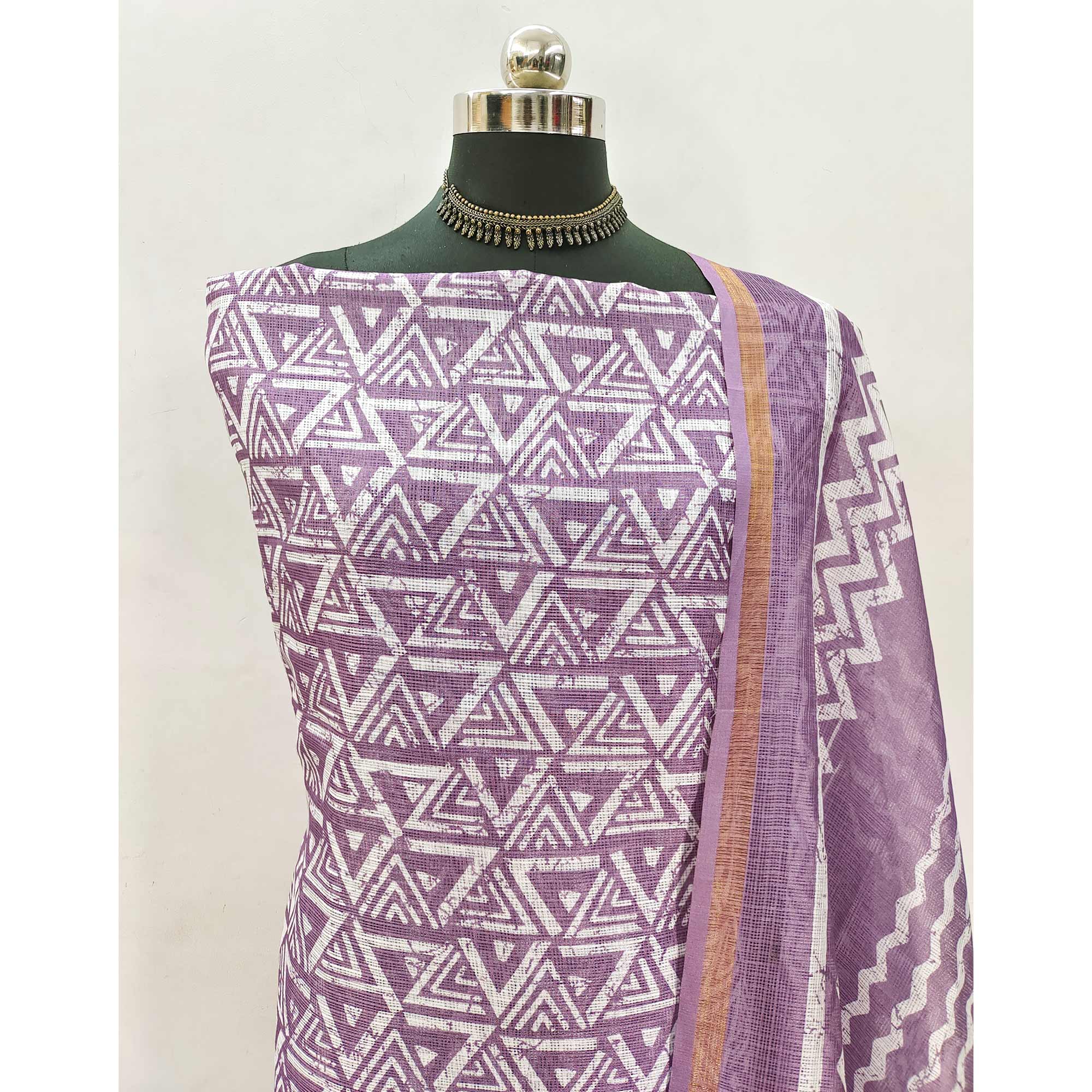 Lavender Geometric Printed Kota Doria Dress Material