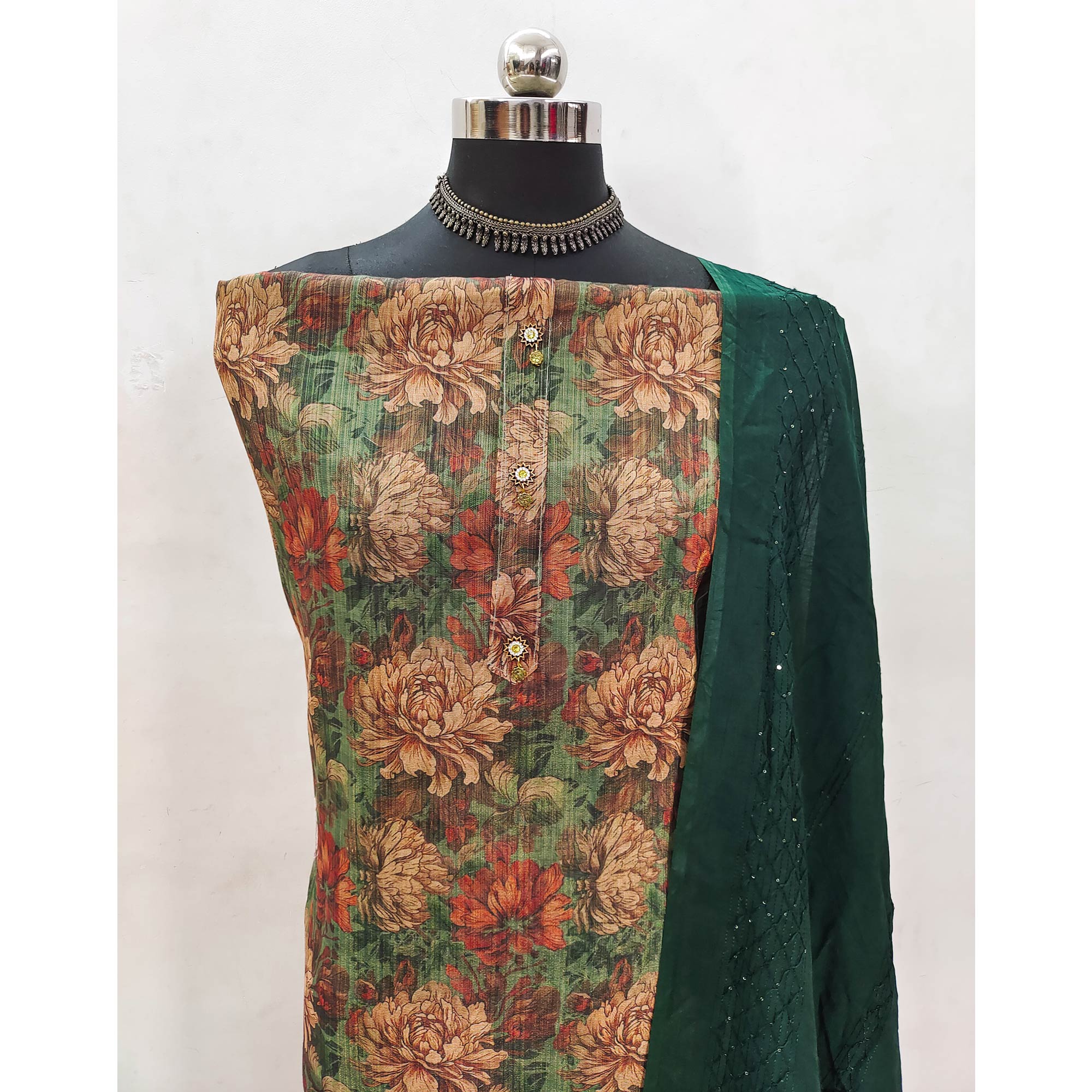 Green Floral Printed Cotton Silk Dress Material