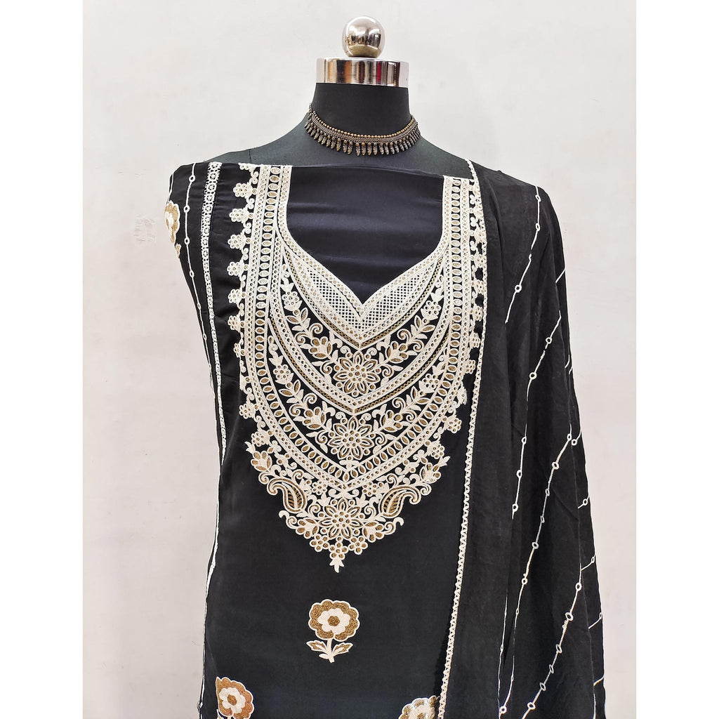 Black Floral Embroidered Georgette Dress Material