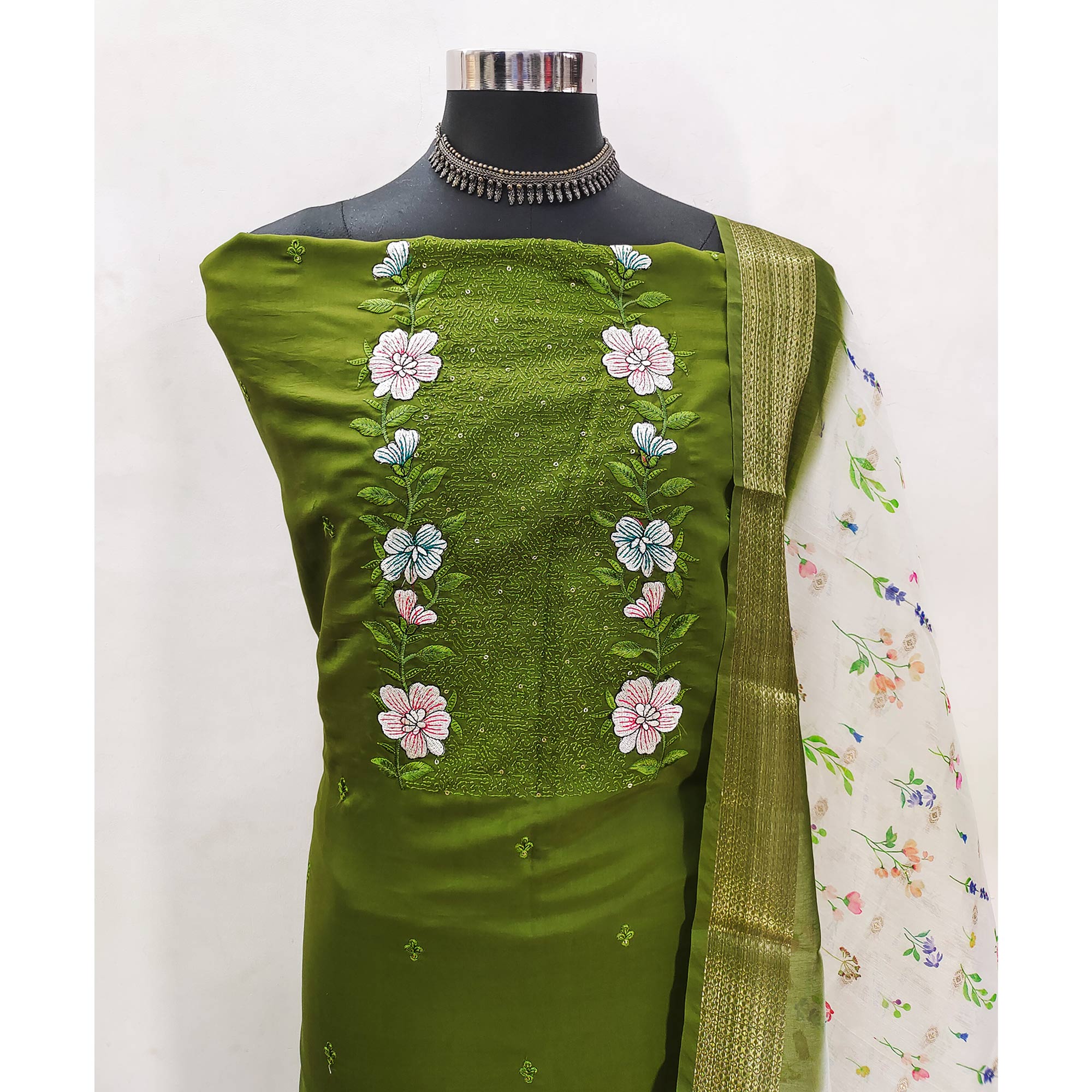 Green Viscose Dress Material with Intricate Floral Embroidery