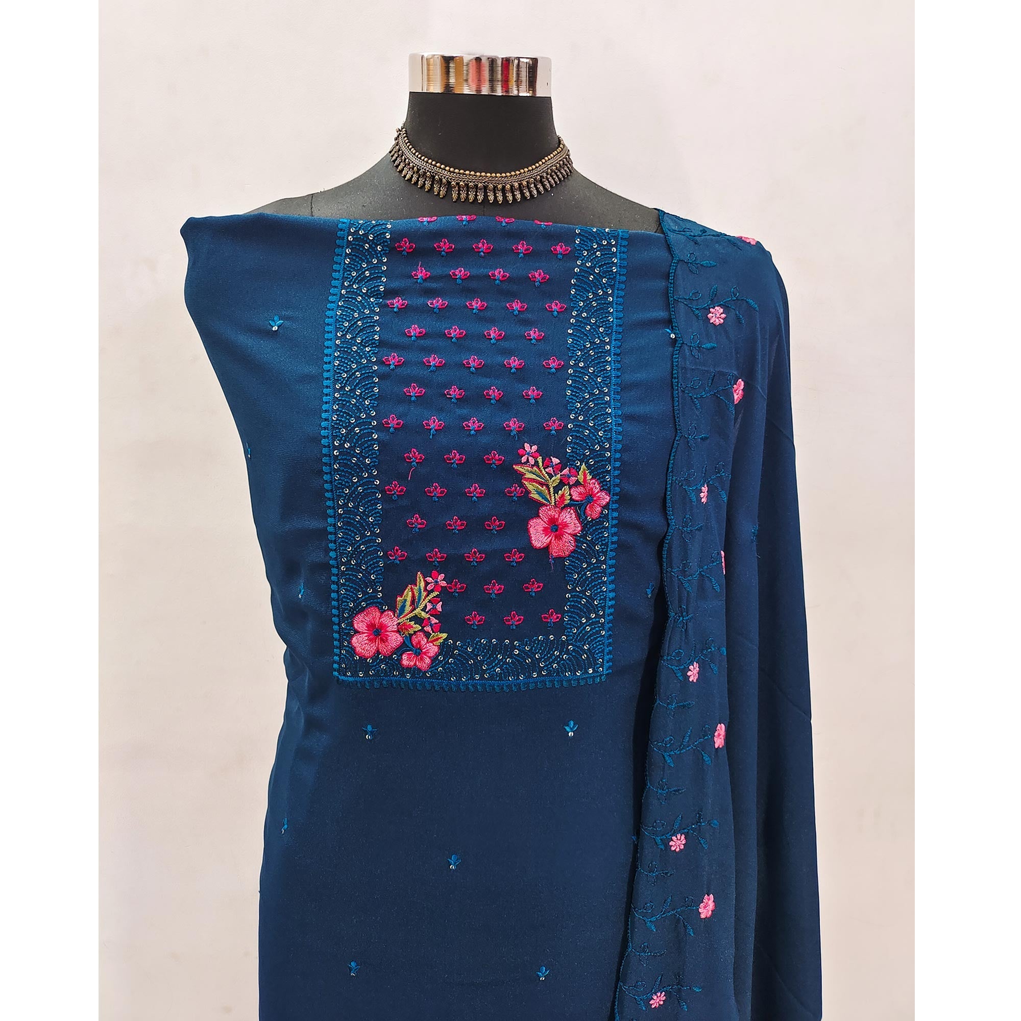 Designer Blue Georgette Fabric with Intricate Floral Embroidery