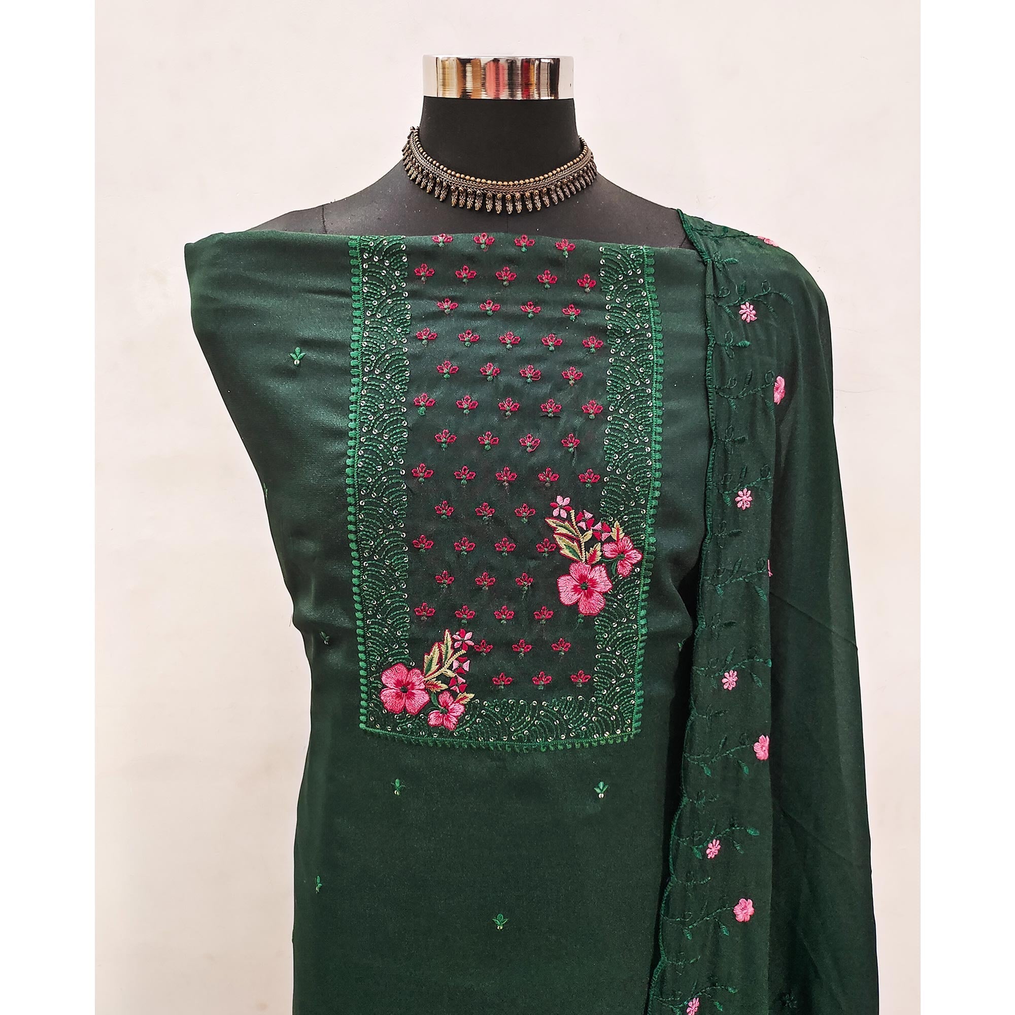 Designer Green Georgette Fabric with Intricate Floral Embroidery