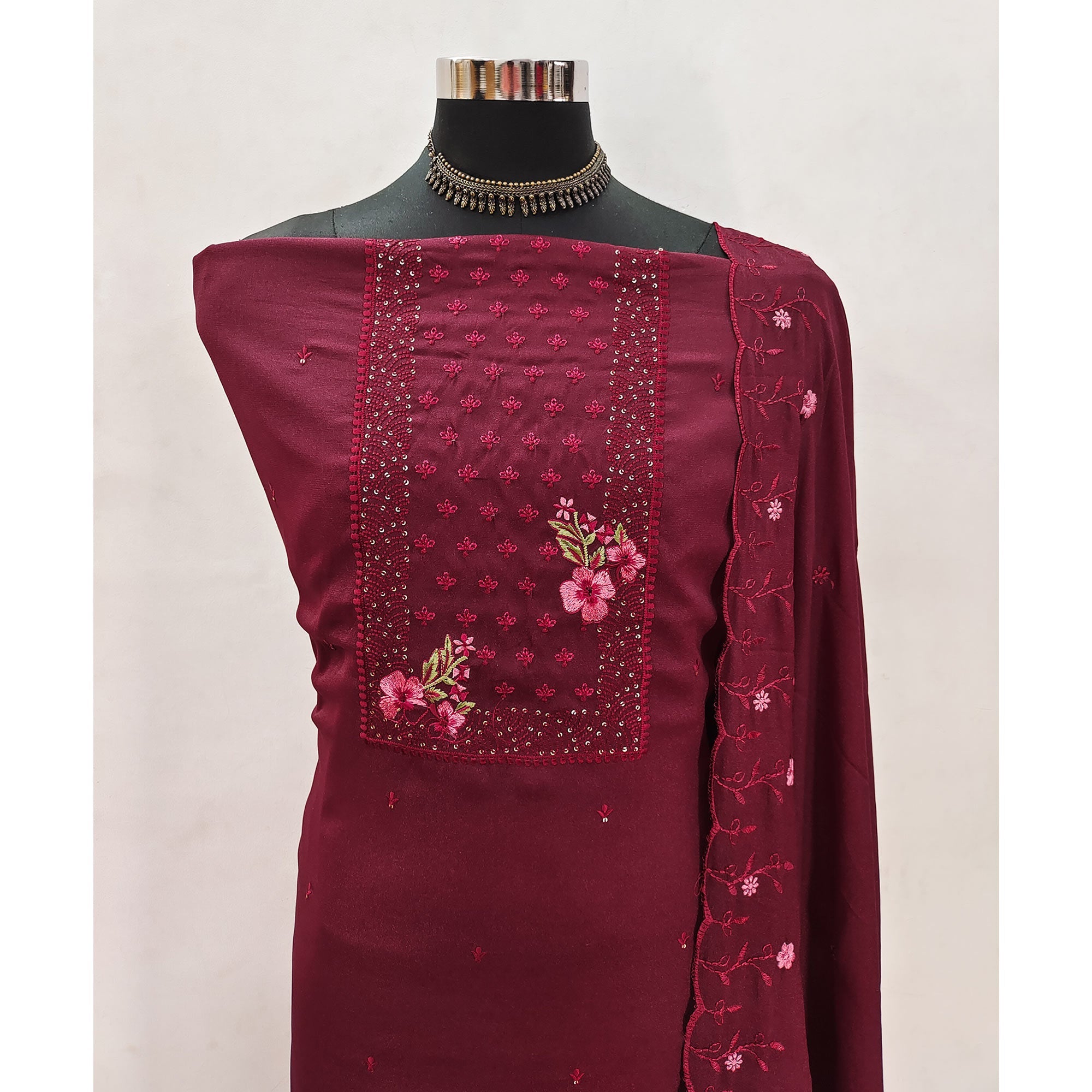 Designer Maroon Georgette Fabric with Intricate Floral Embroidery