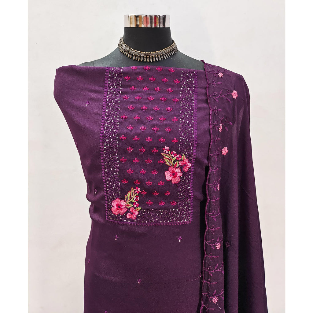 Designer Purple Georgette Fabric with Intricate Floral Embroidery