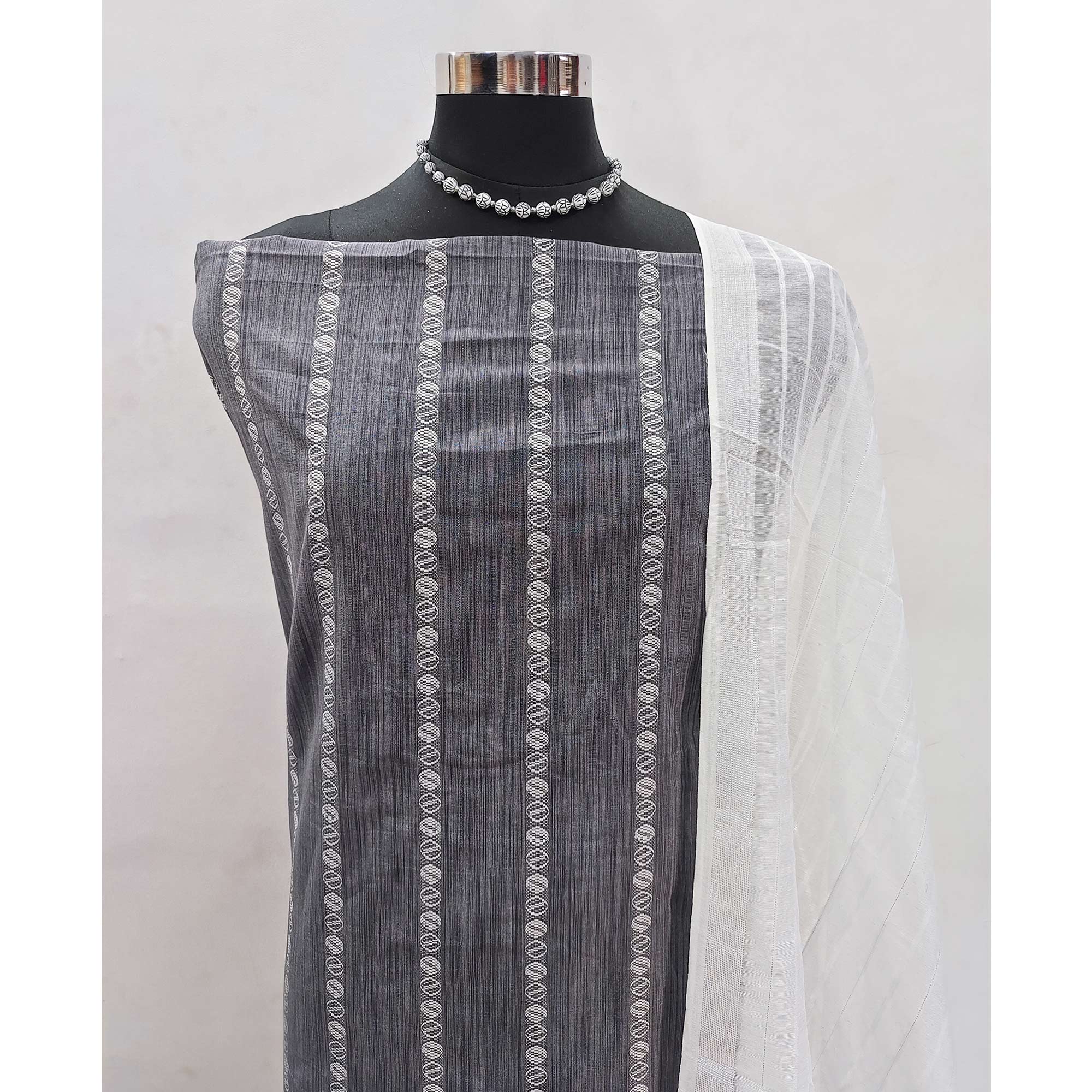 Intricate Weaving Work on Grey Pure Cotton Dress Material