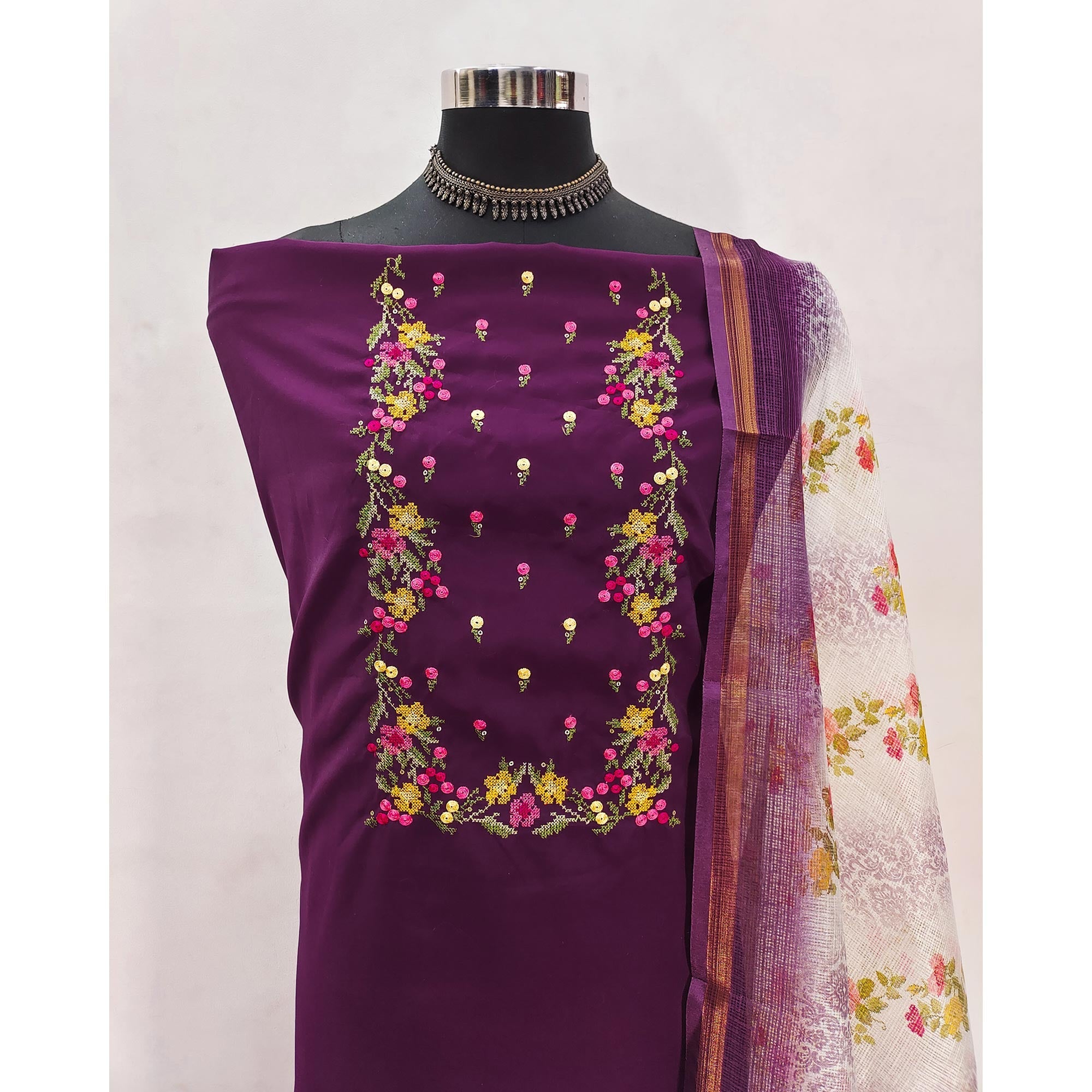 Dark Purple Viscose Dress Material With Floral Embroidered Neckline