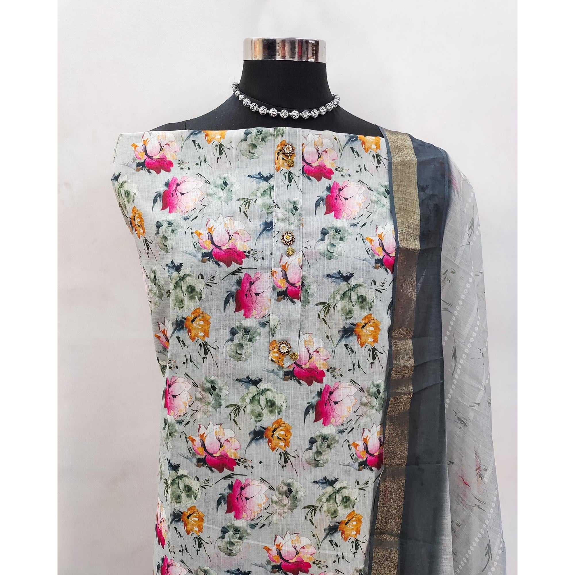 Grey Linen Dress Material With Delicate Floral Print