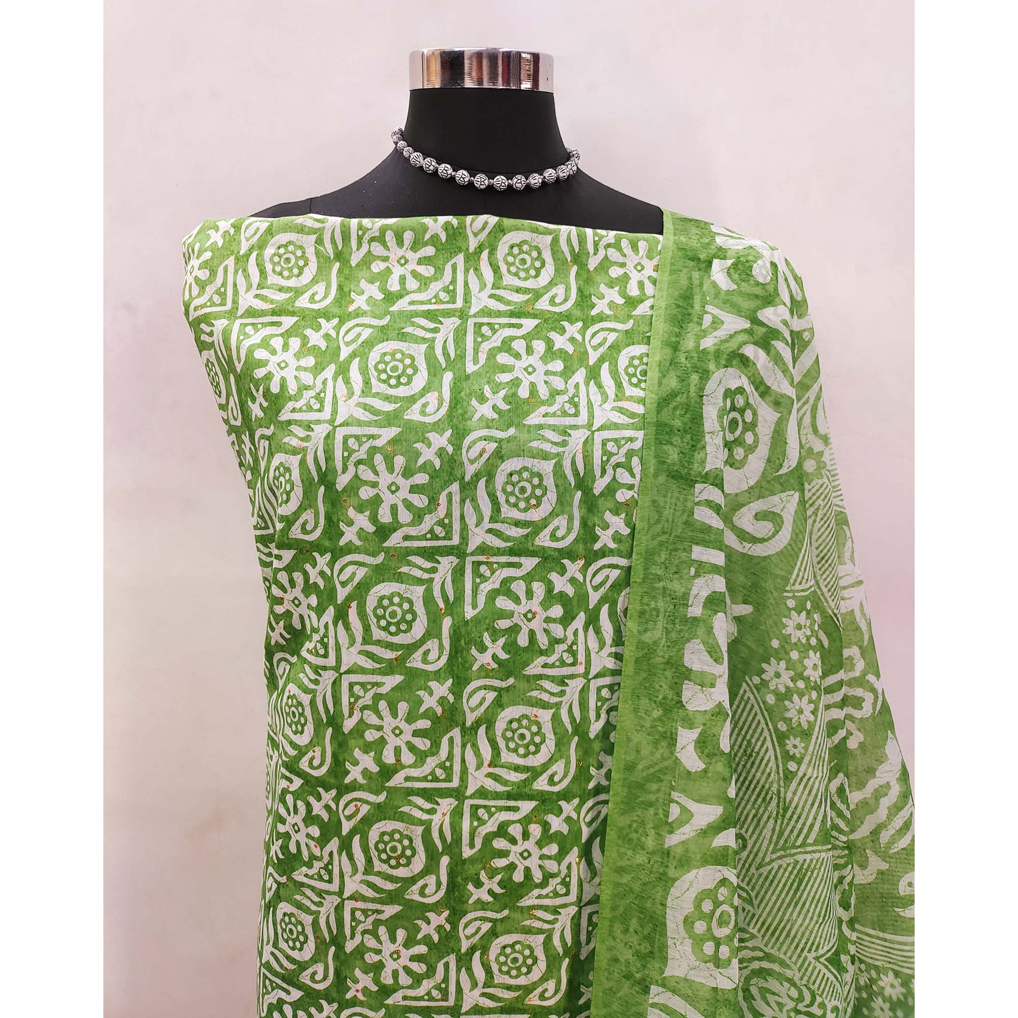 Green Traditional Batik Print on Linen Dress Material