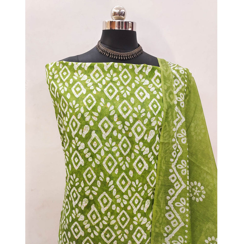 Green Chanderi Dress Material With Traditional Batik Prints