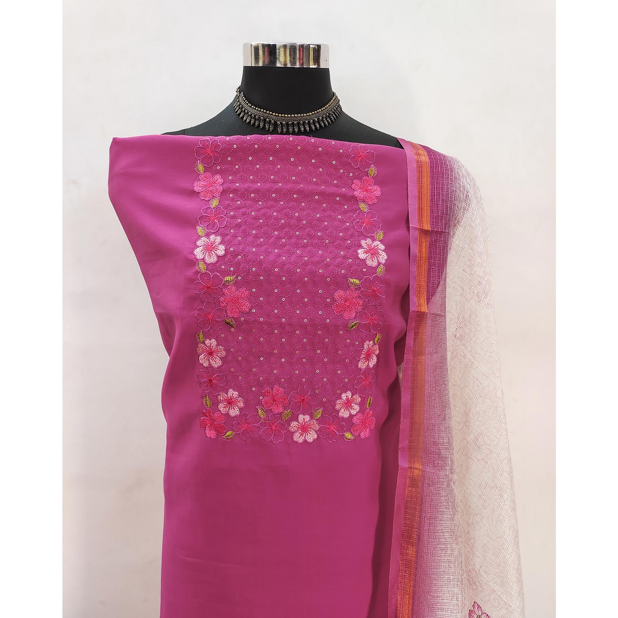 Pink Delicate Floral Embroidery On Luxe Viscose Dress Material