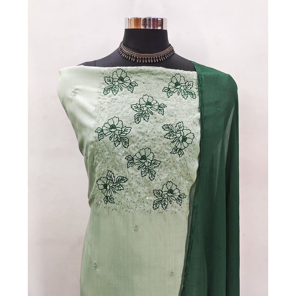 Light Green Silk Blend Dress Material with Sequin Embroidery