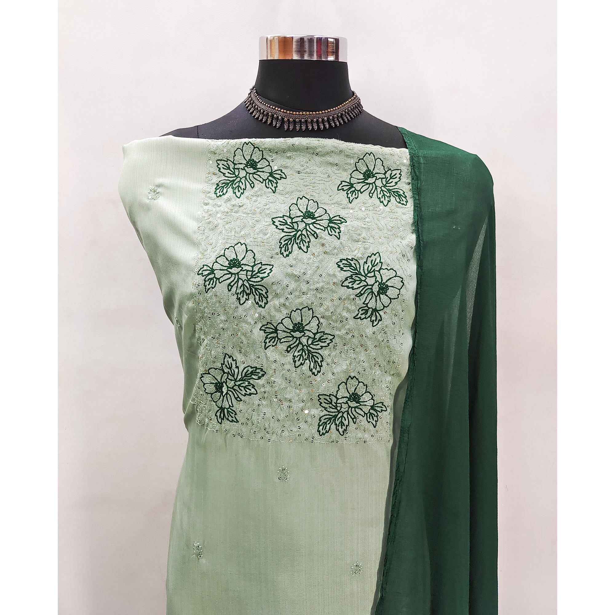 Light Green Silk Blend Dress Material with Sequin Embroidery