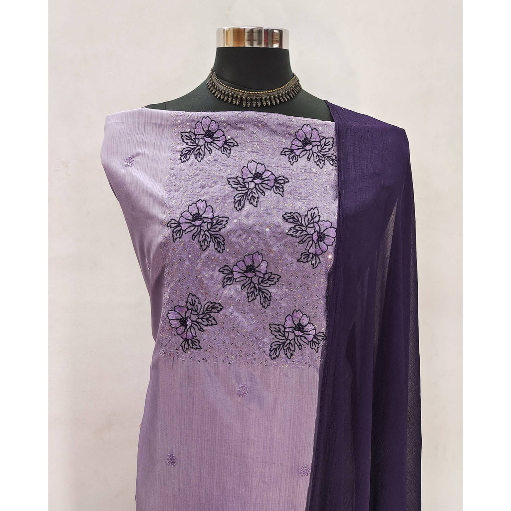 Light Purple Silk Blend Dress Material with Sequin Embroidery