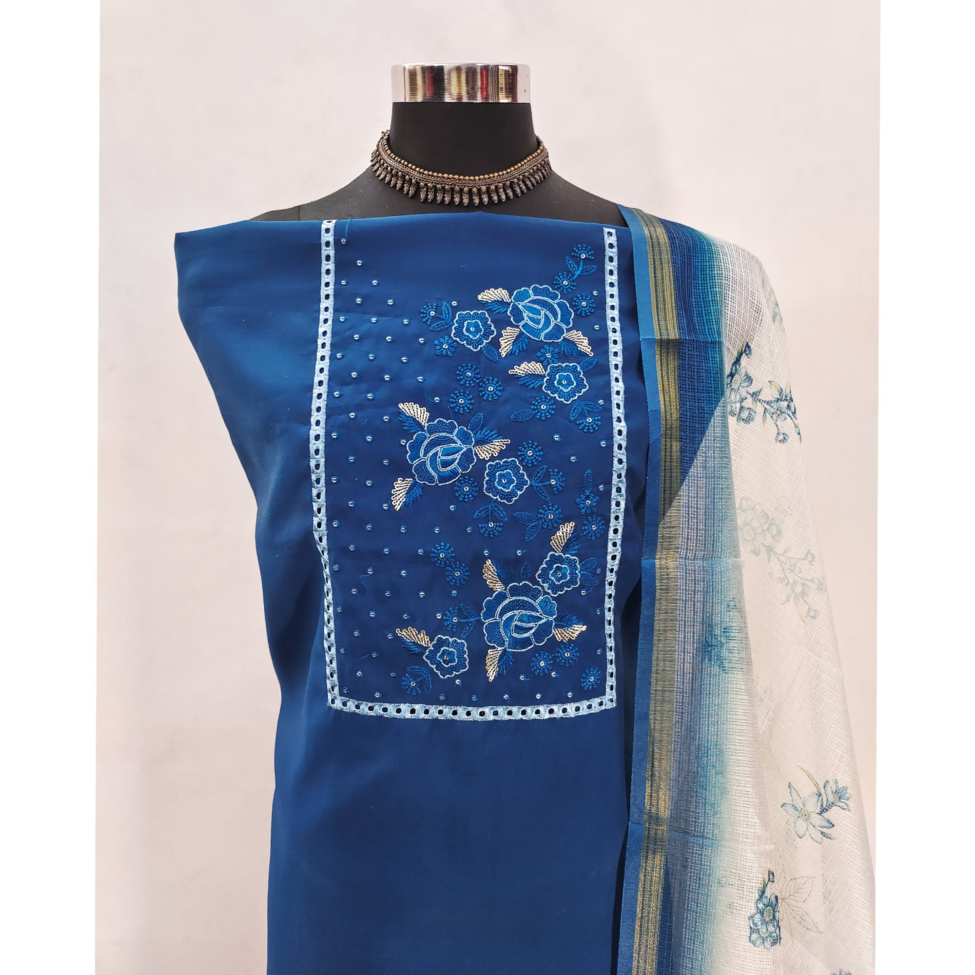Blue Viscose Dress Material With Stunning Floral Sequin Embroidery