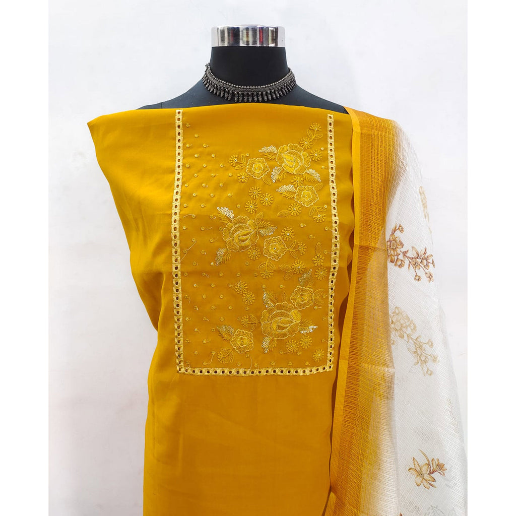 Mustard Viscose Dress Material With Stunning Floral Sequin Embroidery